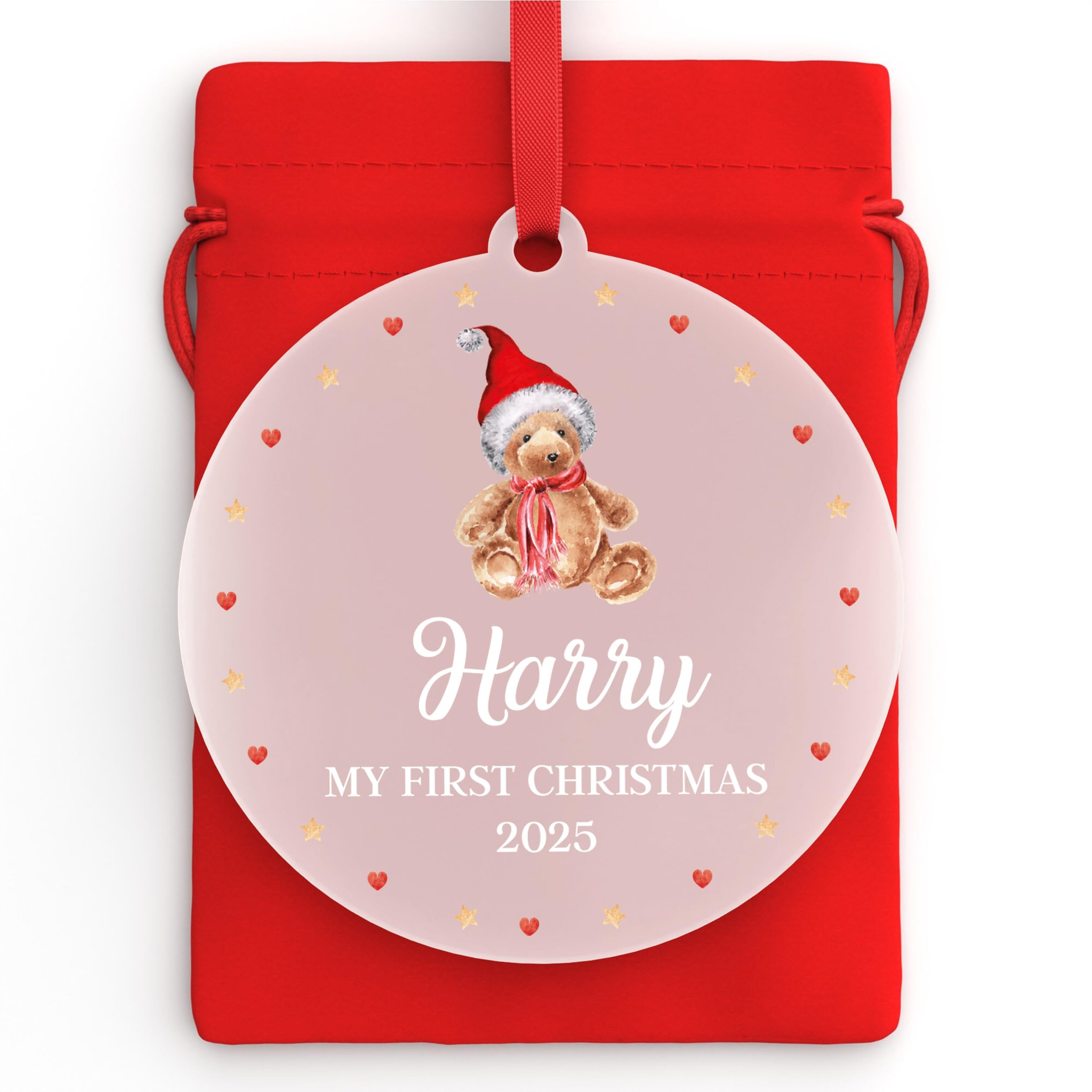 Beecreative Babys 1st Christmas Bauble - Personalised Babys First Christmas Decoration - New Baby Christmas - Teddy Bear Decoration - With Red Bag
