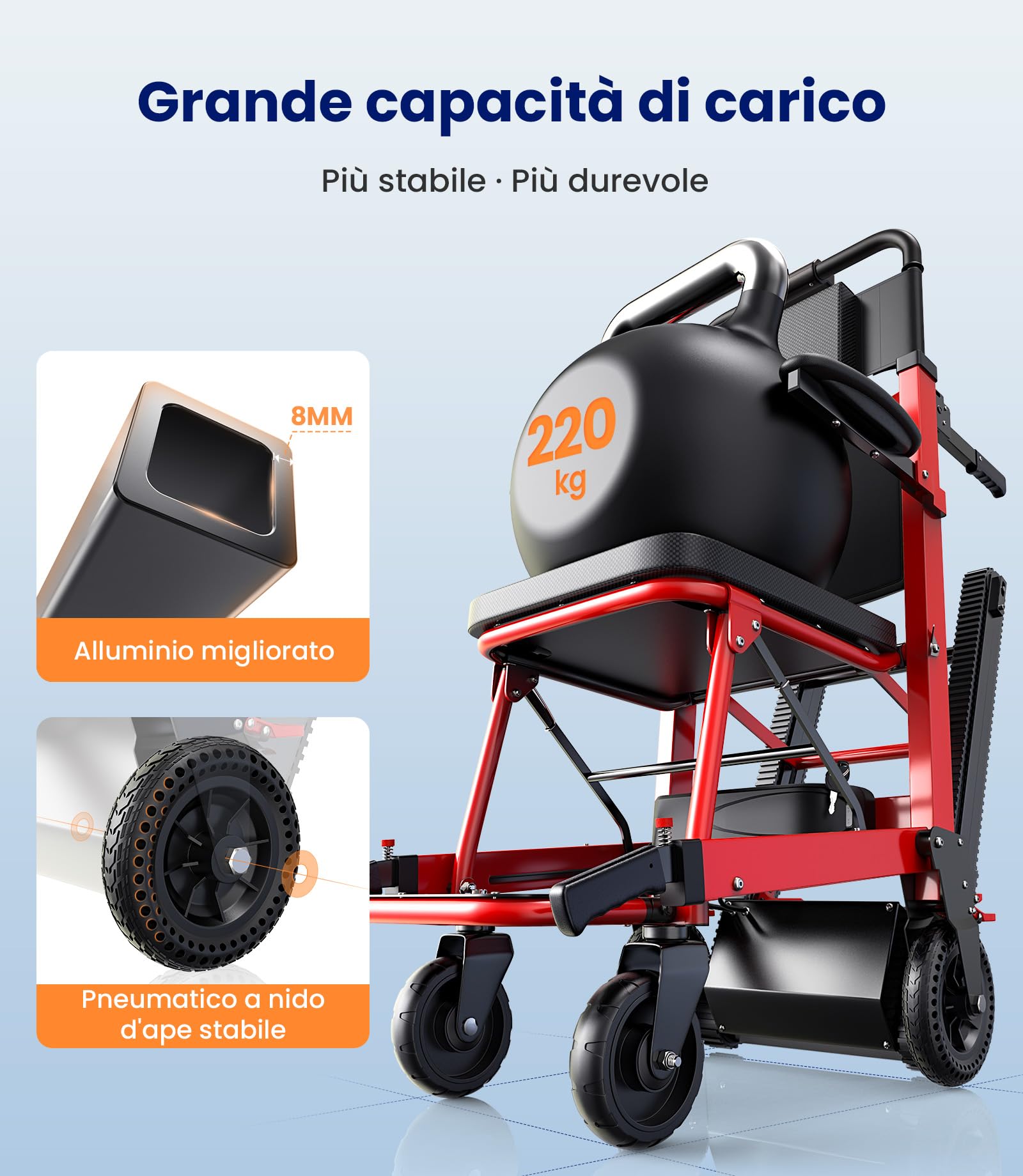 VOCIC AY04 - Scaletta elettrica pieghevole con catena in gomma, per sedie a rotelle fino a 220 kg, sollevamento scale mediche con luce LED per disabili (rosso)