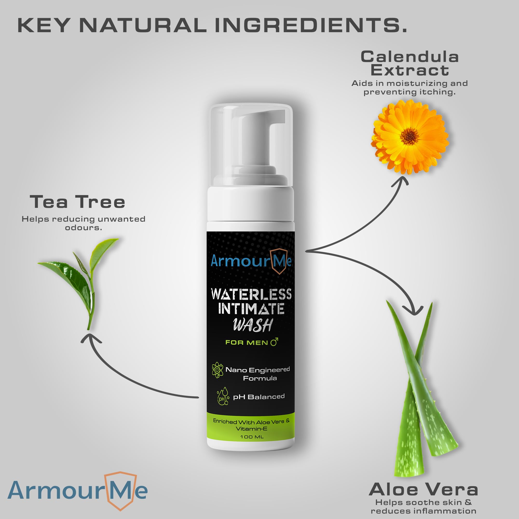 ArmourMe Waterless Intimate Wash for Men | No-Rinse Cleanser for Itch Relief, Odor Control & Daily Hygiene | pH Balanced | Enriched with Aloe Vera & Vitamin-E | Nano Engineered Formula (200 ml) 1