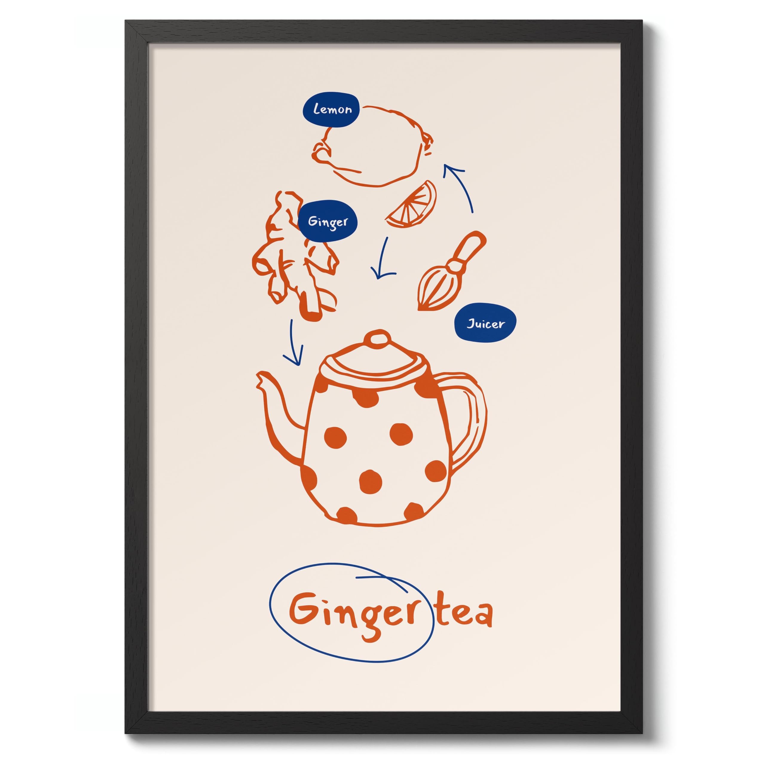 Ginger Tea Kitchen Poster, Cooking Baking Quotes Prints, Kitchen Line Food Illustration Wall Art, Funny Humour Quotes Home Decor, Archival Matte, A1 (Black Frame) - 84.1x59.4cm โ image 1