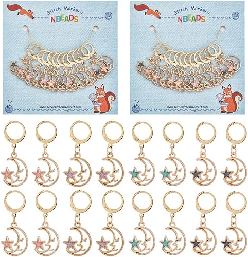 NBEADS 24 marcadores de punto de estrella con luna y estrella, esmalte de aleación de ganchillo, cierre de acero inoxidable 304, marcador de punto