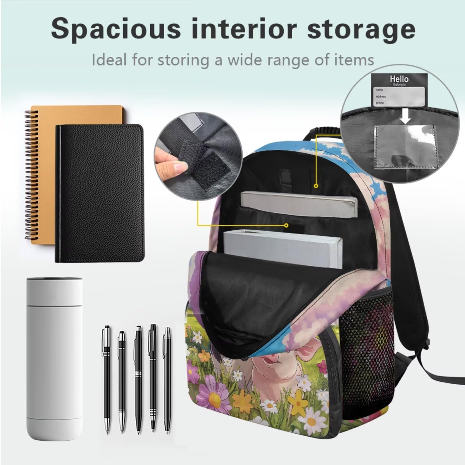 Zaino per bambini con borsa per il pranzo, set leggero per libri scolastici, 4 pezzi, per regali per il rientro a scuola, Mucca e maiale