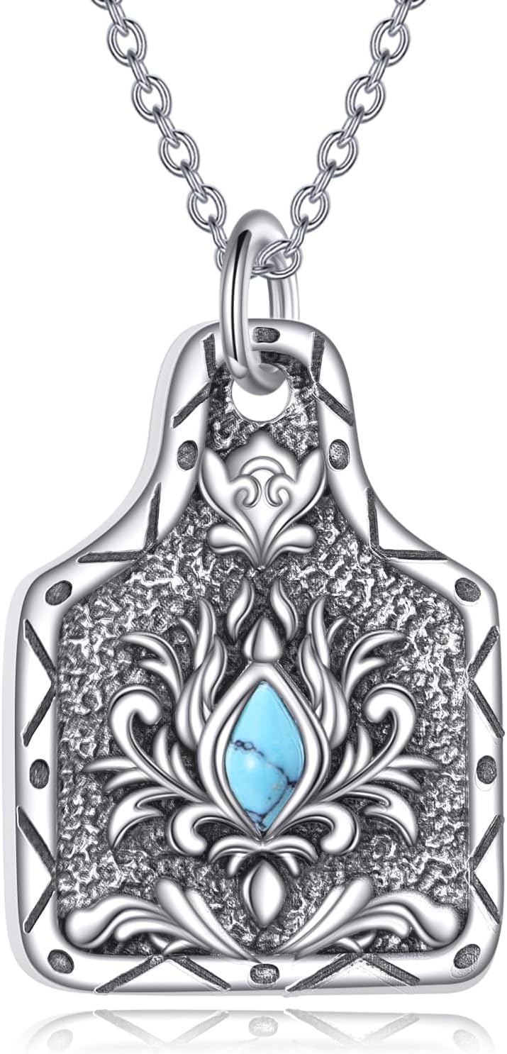 Turquoise Western Necklace for Women 925 Sterling Silver Cow Skull/Cow Tag/Cowgirl Shoot/Horseshoe Pendant Necklace Jewelry Gifts