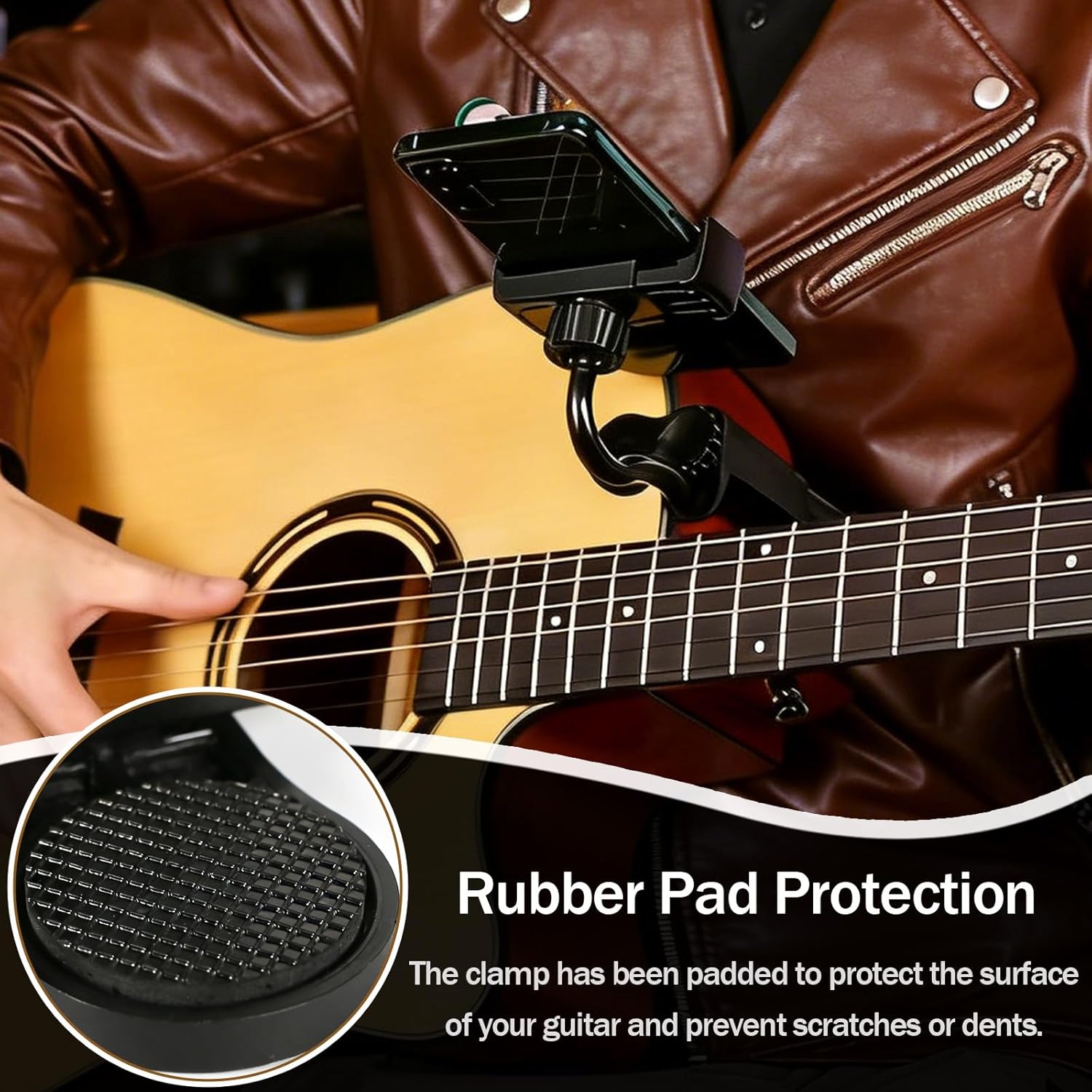 Guitar Phone Holder, with Two Styles This Adjustable Rotatable Guitar Phone Mount Fits Guitars/Ukuleles (2.36"-4.13" Thick) It's The Perfect for Live-streamed Lessons and Lessons Recording