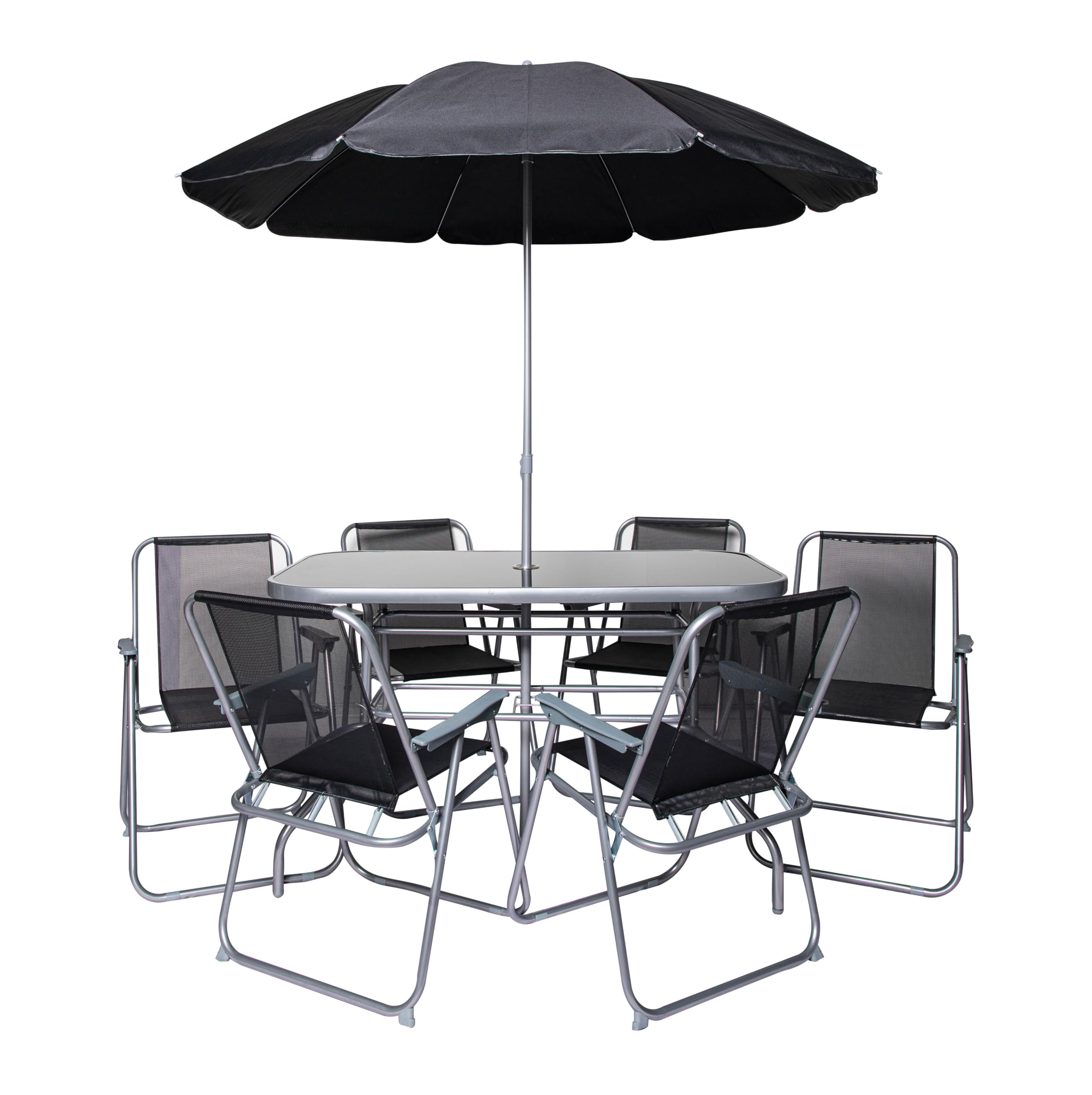 Samuel ALEXANDER 6 Person Garden Furniture Patio Set Table, 6 Chairs & Parasol with Black Glass