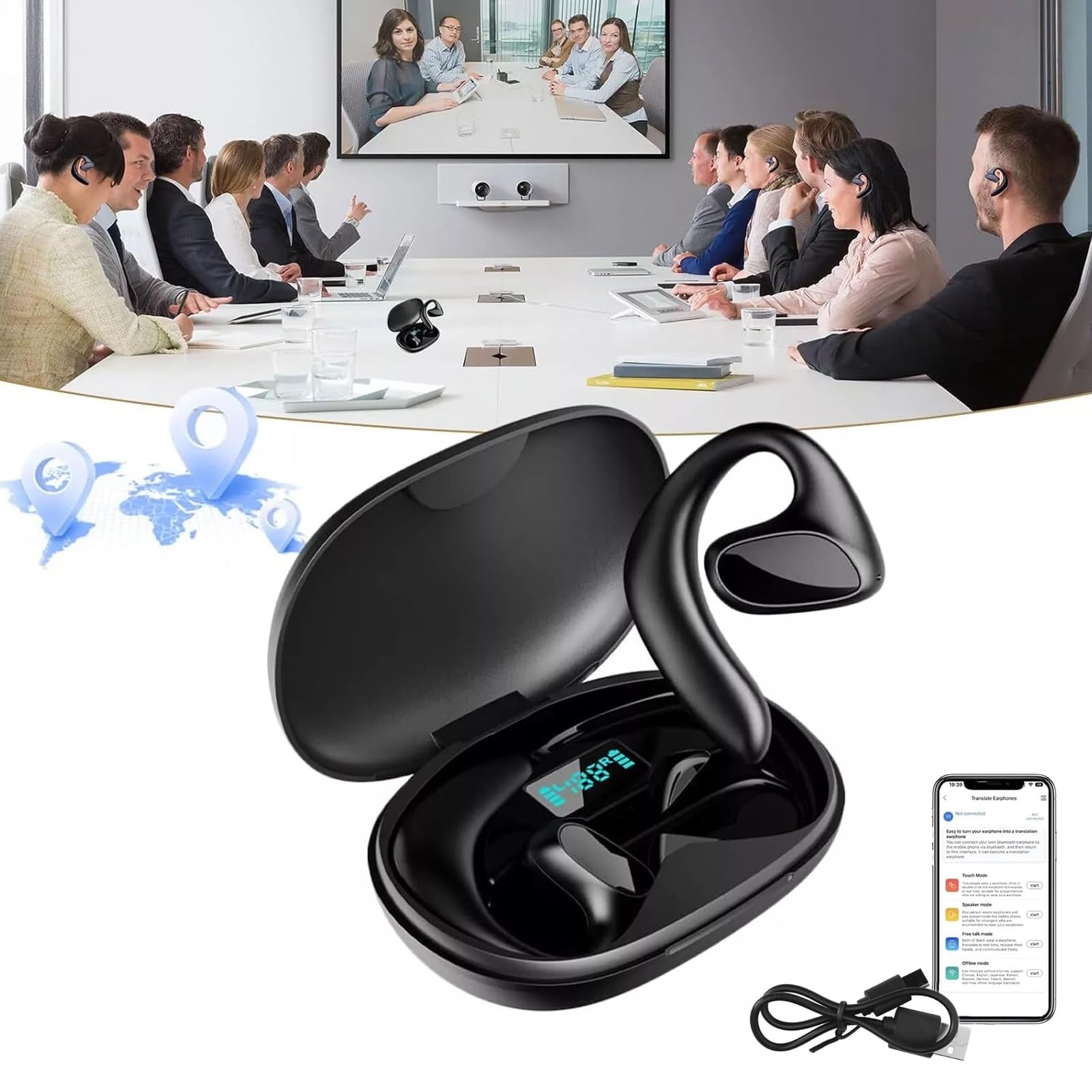 Meacode Traduttore, Meacode Ai Translation Earbuds, Cuffie Traduzione Simultanea, Auricolari Traduttore Simultaneo, 144 Lingue, Funzione Offline, Ideali Per Viaggi/Affari/Apprendimento(Nero)