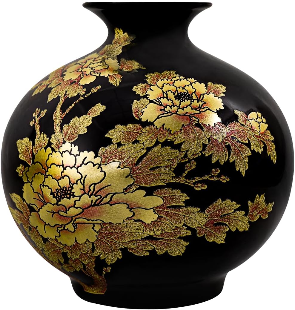 ECYC Tabletop Ceramic Vase Handmade Shining Pastel Peony Flower Vases Black Porcelain Crystal Glaze Flower Vases Home Decoration Vase