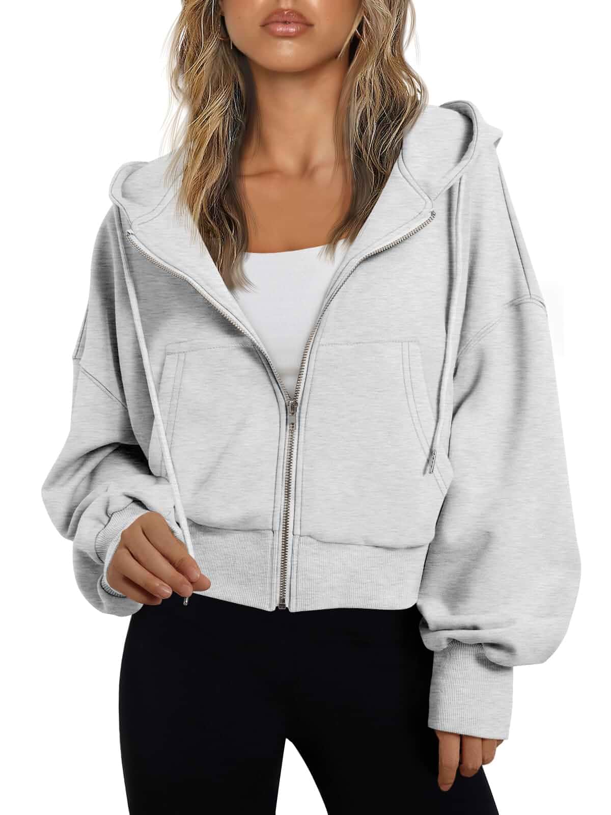 Trendy Queen Womens Zip Up Hoodies Cropped Jackets Fall Outfits 2026 lightweight comfort material, slouchy drop shoulder, casual travel winter clothes with pockets, airport workout athletic