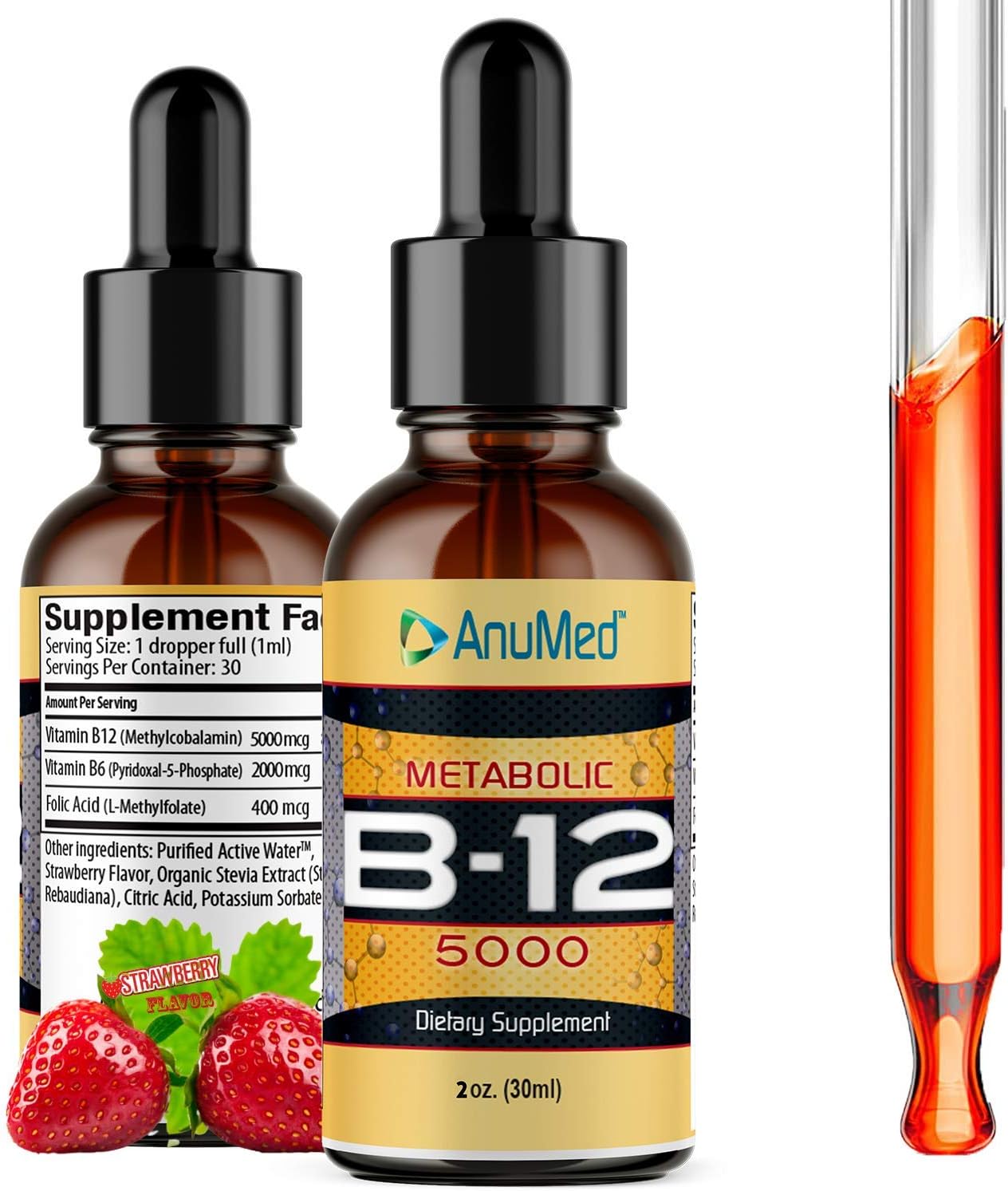 ANUMED - Vitamin B12 5000 mcg Liquid with B-Complex (Methylcobalamin) Sublingual Drops, Promotes Energy, Mental Alertness, Focus, Red Blood Cells, Memory, Metabolic, Brain Boost, Nervous System (2oz)