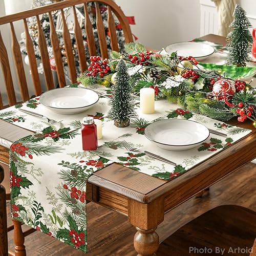 Miniatura 5 de Artoid Mode Holly - Juego de 4 manteles individuales de Navidad con cono de pino de 12 x 18 pulgadas, manteles individuales de invierno para