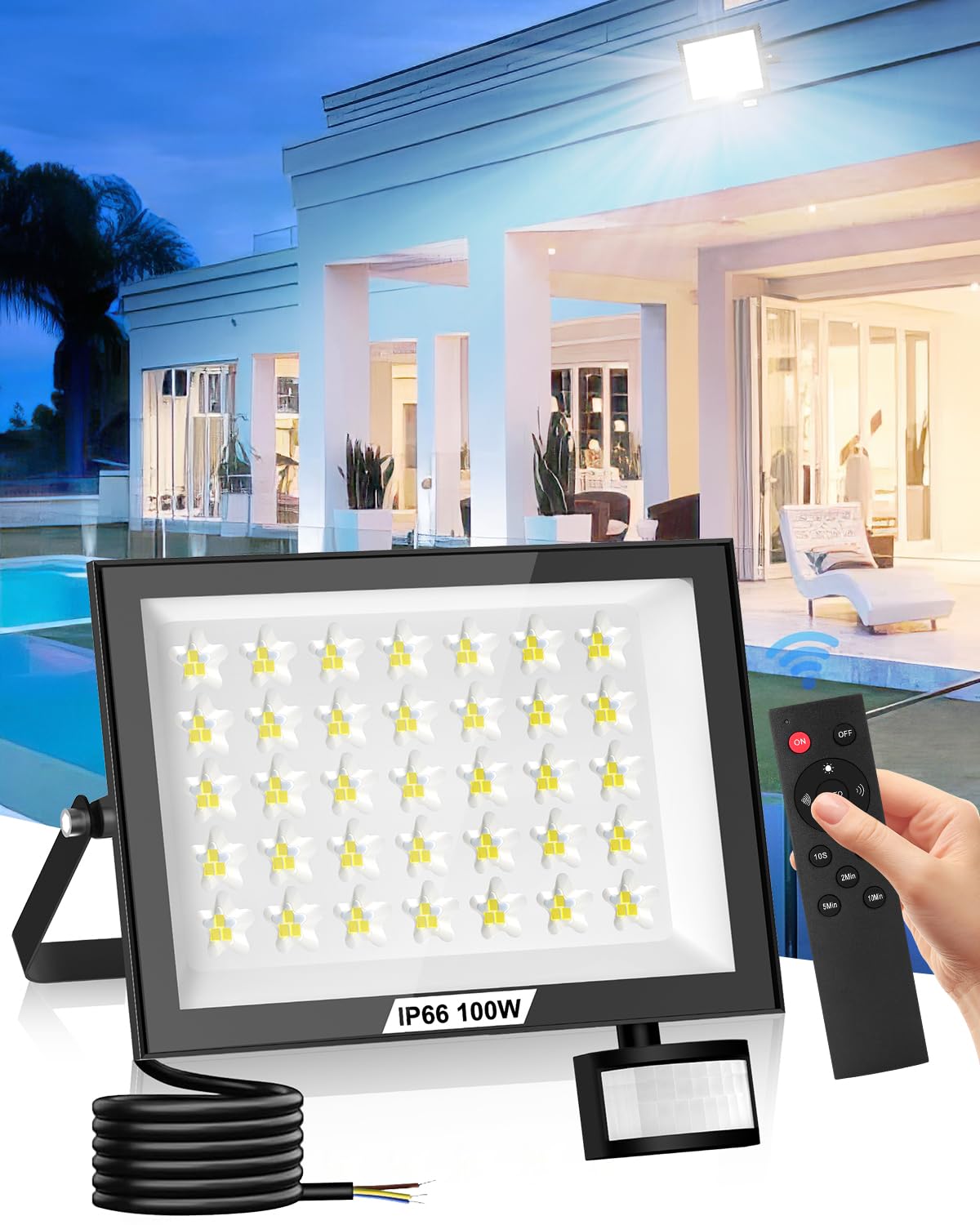 Faretto LED da Esterno con Sensore di Movimento, 100W 10000LM Faro Proiettori - 105Leds 6500K Bianca Fredda Luci di Sicurezza, IP65 Impermeabile Lampade da parete per Garage Cortile Giardino