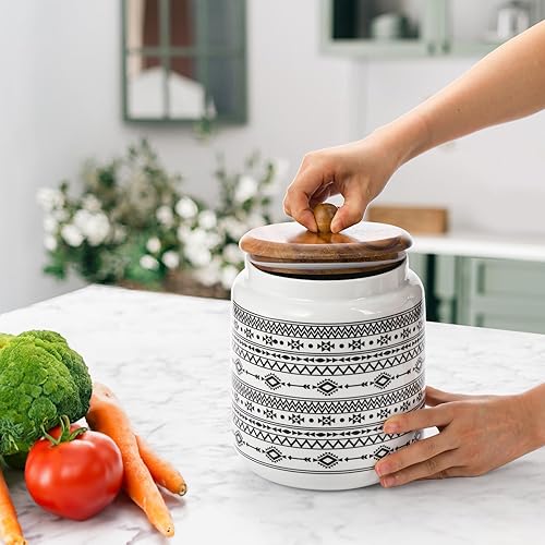 Miniatura 4 de Hedume Recipiente de cocina, tarro grande de cerámica para almacenar alimentos con tapa de madera hermética, recipiente de almacenamiento de
