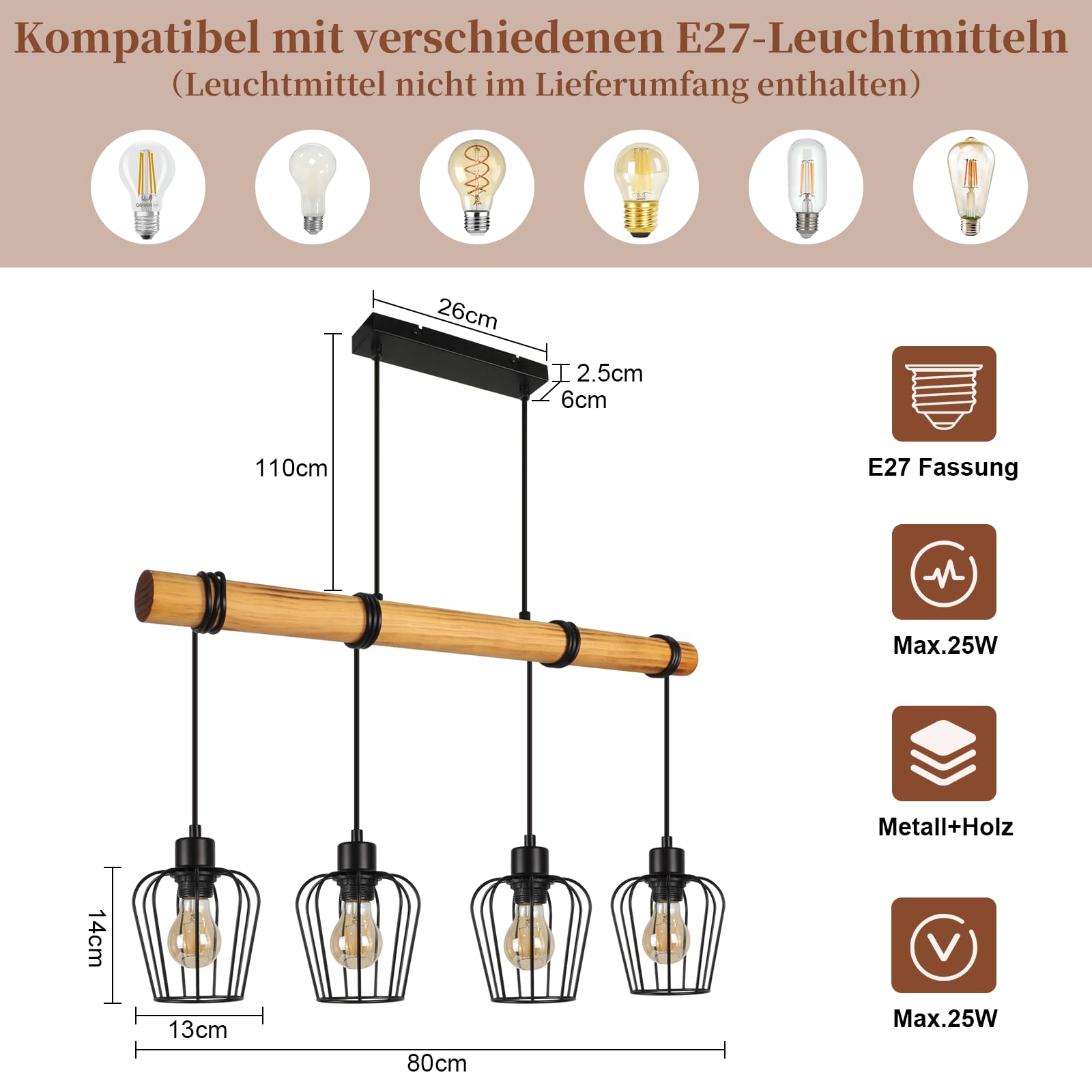 ZMH Retro Pendelleuchte Vintage Hängelampe 4 flammige Holz Esszimmerlampe Pendellampe Wohnzimmer im Industrial Design mit höhenverstellbaren Strahlern - Schwar - Fassung: E27 - ohne Leuchtmittel