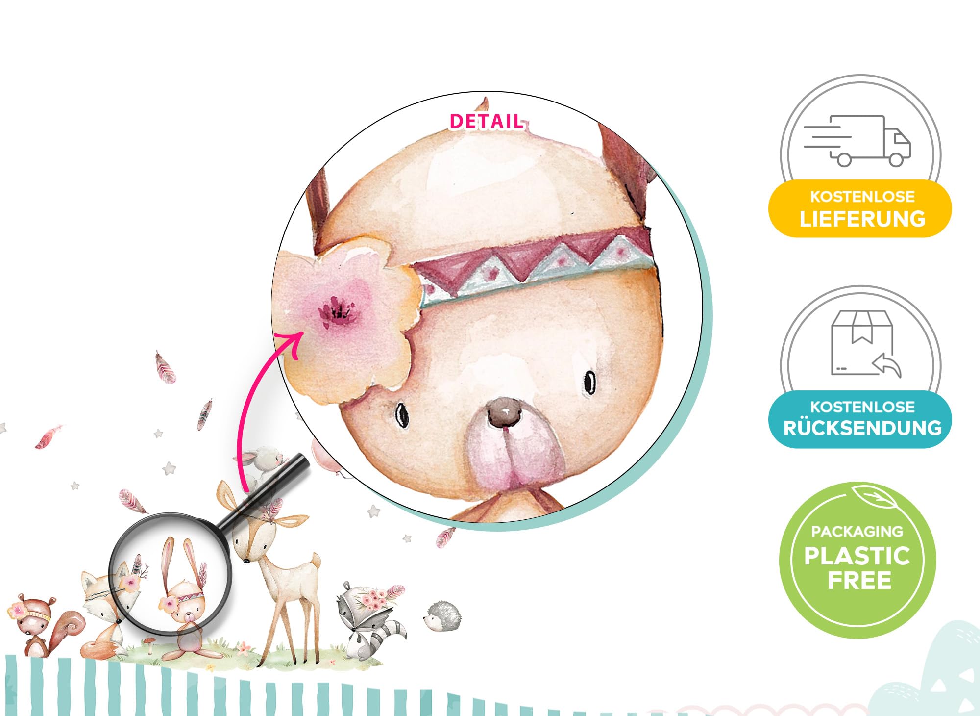 Wandtattoo Waldtiere Set Wandsticker REH Hase Fuchs Kinderzimmer Wandaufkleber Ballon Babyzimmer Wanddeko DK1098-2