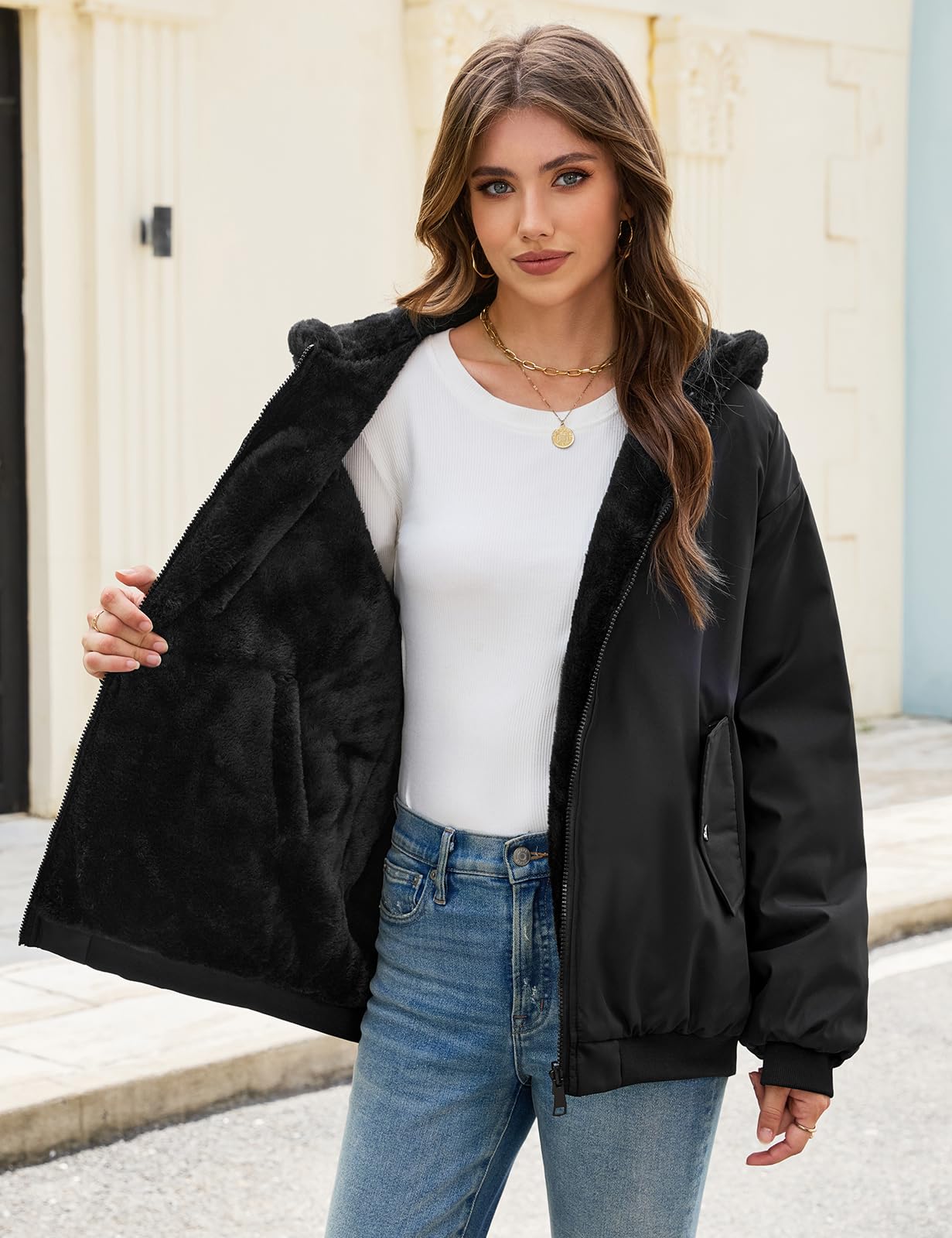 Vancavoo Chaqueta Reversible Mujer de Invierno con Capucha y Pelo Suave | Cazadora Corta con Cremallera, Puños de Canalé y Bolsillos en Ambos Lados para Uso Diario