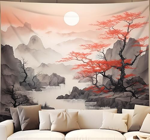 QGHOT Tapiz japonés de paisaje, tapiz asiático para colgar en la pared, naturaleza china, puesta de sol, tapiz de pared escénico para dormitorio,