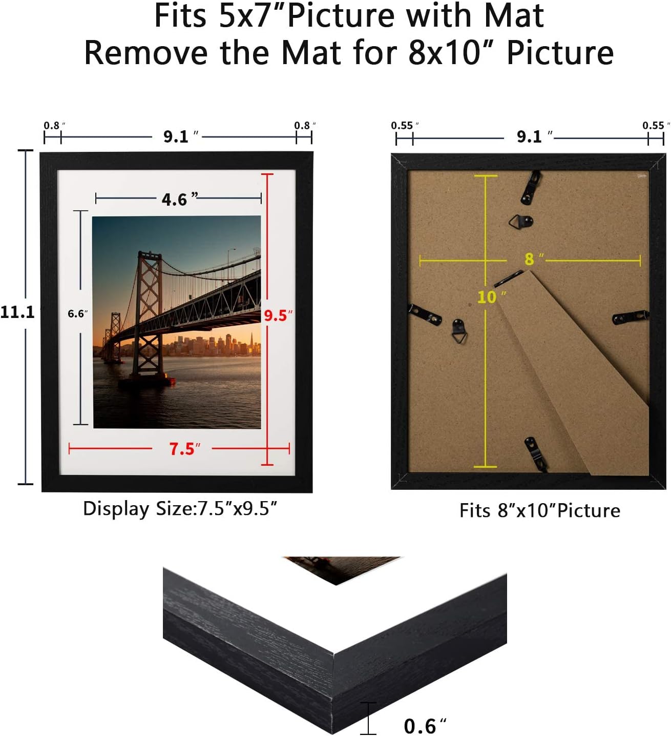 BAIJIALI 8x10 Picture Frame Black Wood Pattern with HD Plexiglass,Display Pictures 5x7 with Mat or 8x10 Without Mat, Horizontal and Vertical Formats for Wall and Table Mounting