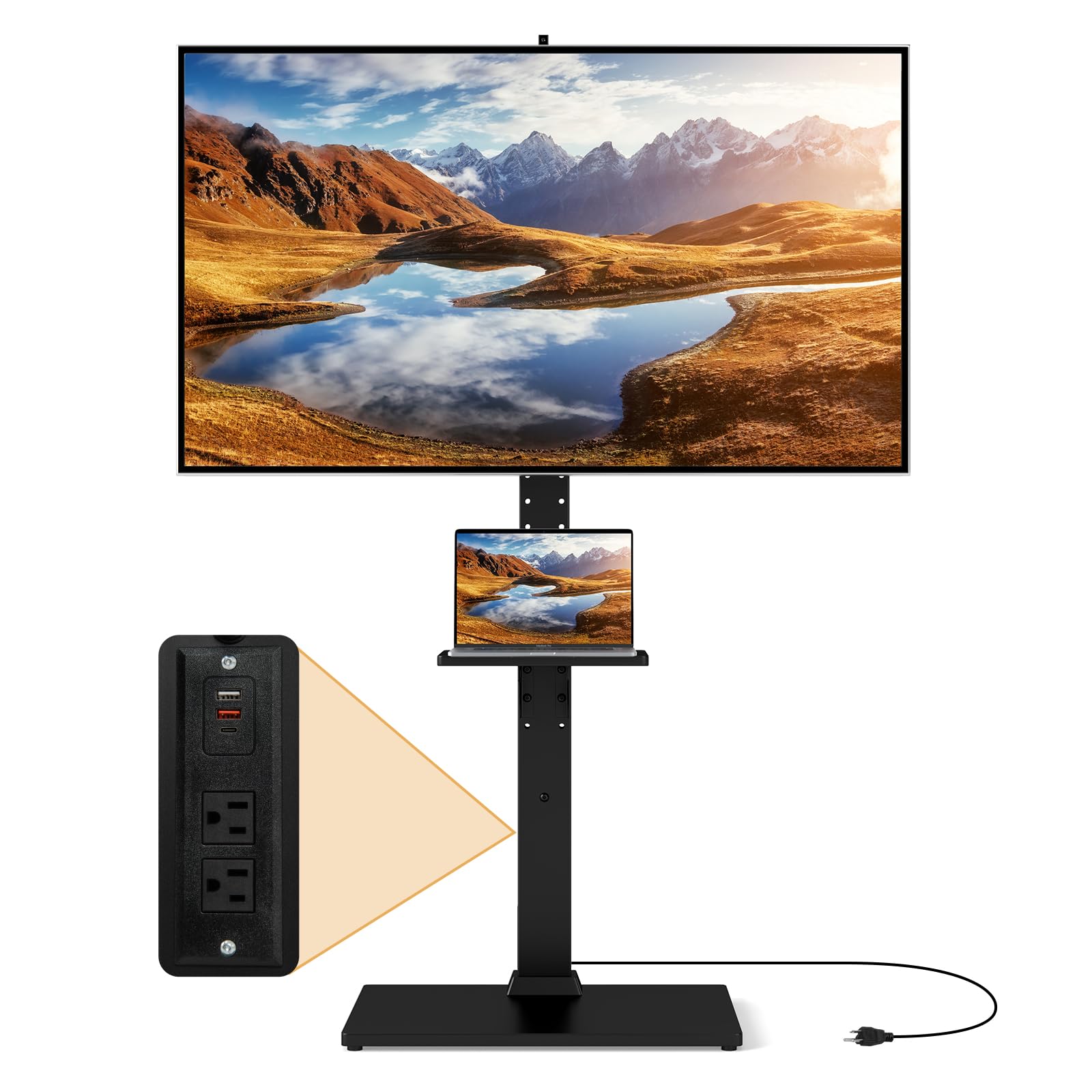 GYMAX Support TV sur Pied Inclinable, Hauteur Réglable, avec Prise de Courant, Étagère de Rangement, pour Télévision Écran de 32 à 70″ Jusqu'à 50 KG, VESA Max 600 x 400 mm