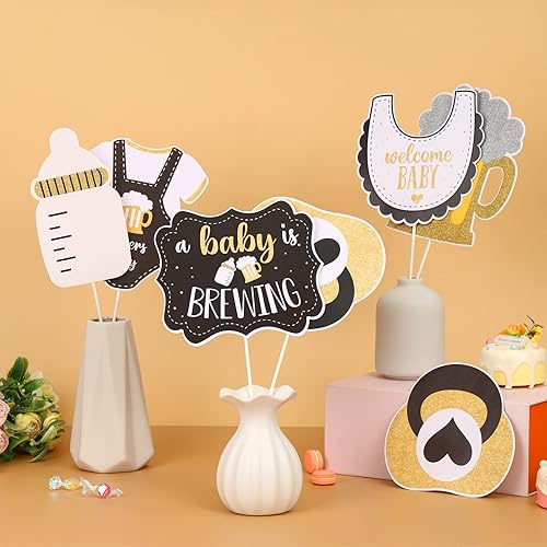 Miniatura 3 de JOYMEMO 24 piezas de palitos de centro de mesa con texto en inglés A Baby is Brewing (A Baby is Brewing) en negro y dorado  Decoración para baby