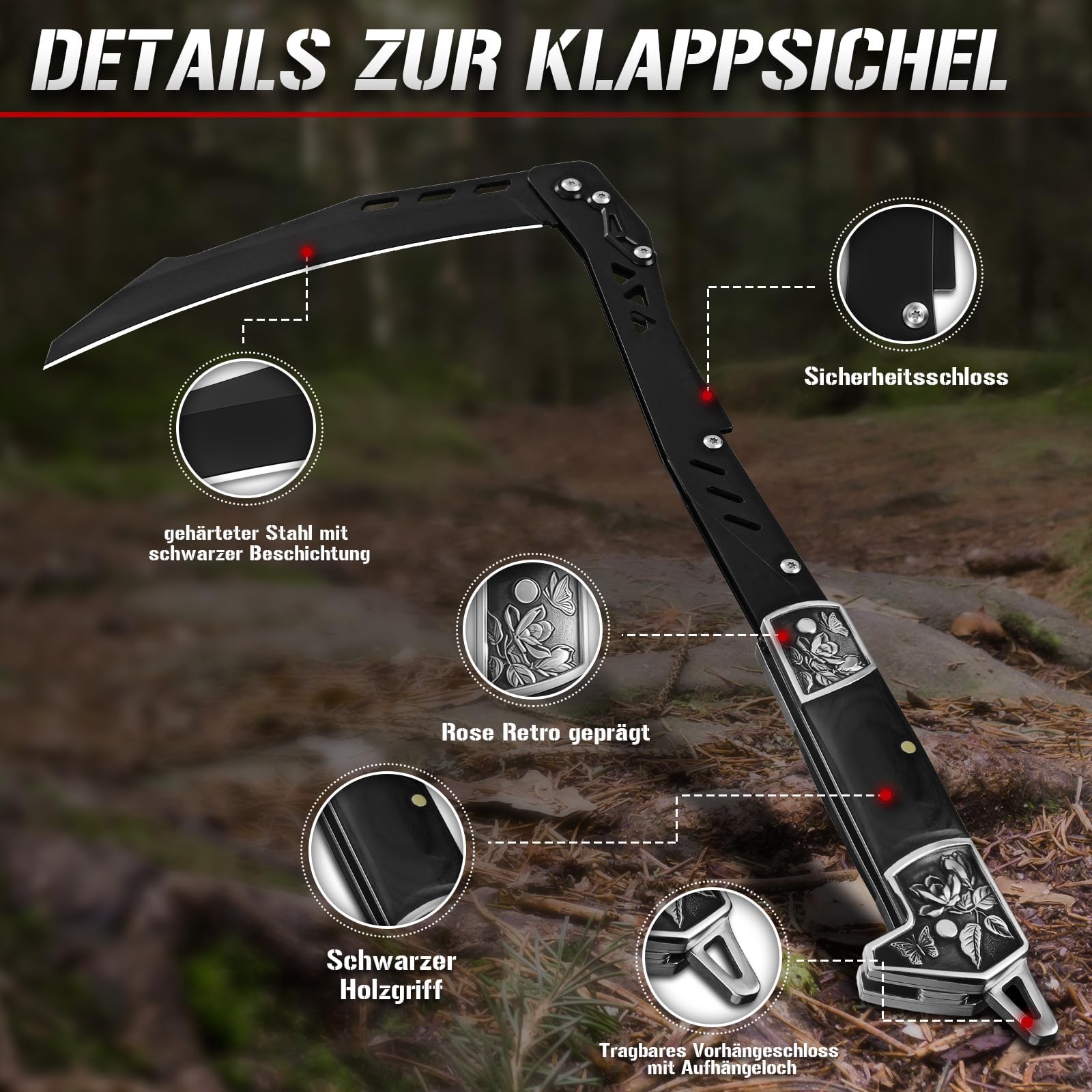 DRGSKL Faltbar Sense mit Scheide Schwarze Outdoor Klappbare Sichel für Gras und Unkraut Retro Sharp Sichel Garten Geschenk für Männer Einzige Klinge