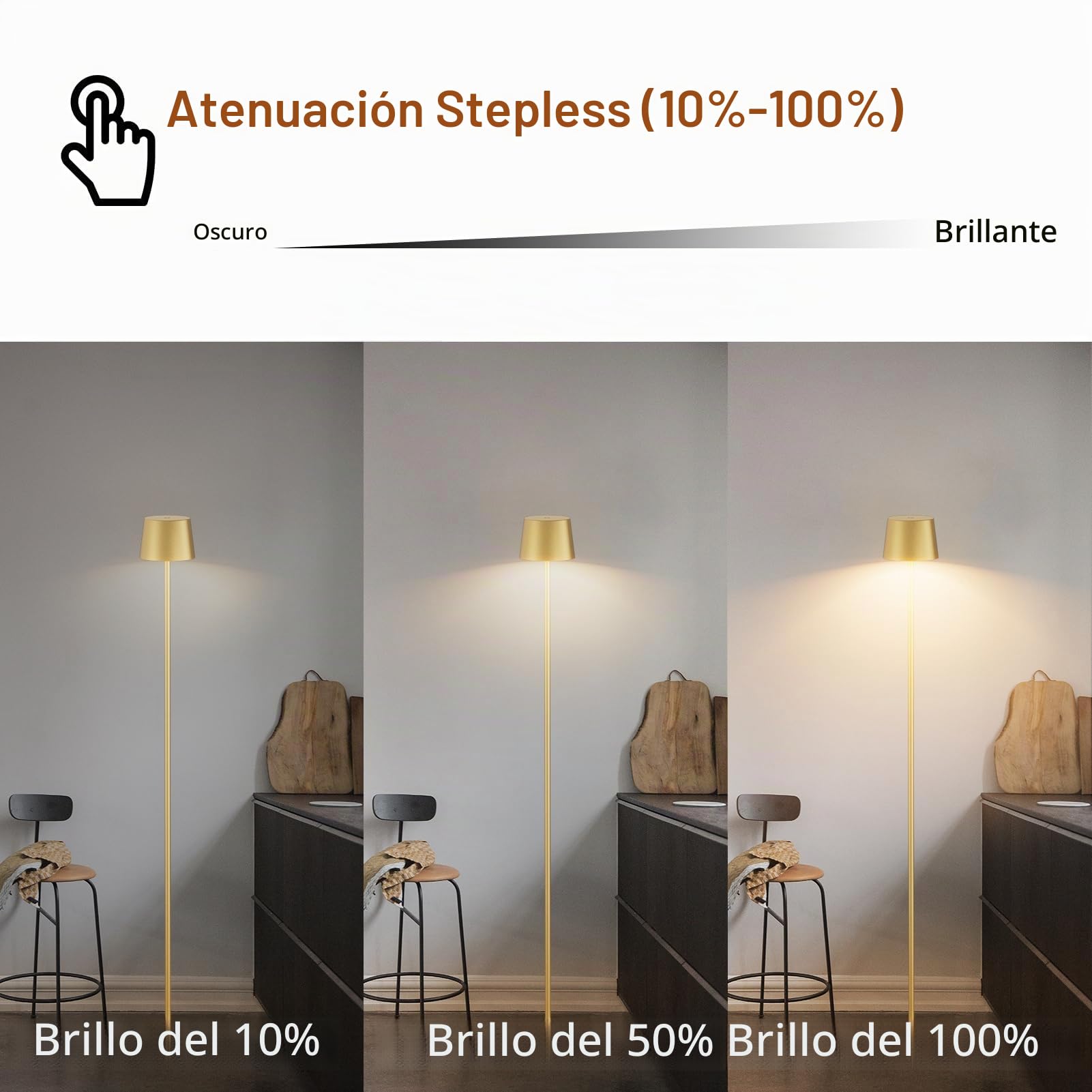 K-Bright Oro Lámparas de Pie Dimmer, 4W Lampara LED de Pie,Lámpara de pie recargable con pilas,Lámpara de pie de lectura con control táctil para iluminación interior exterior(Dorado)