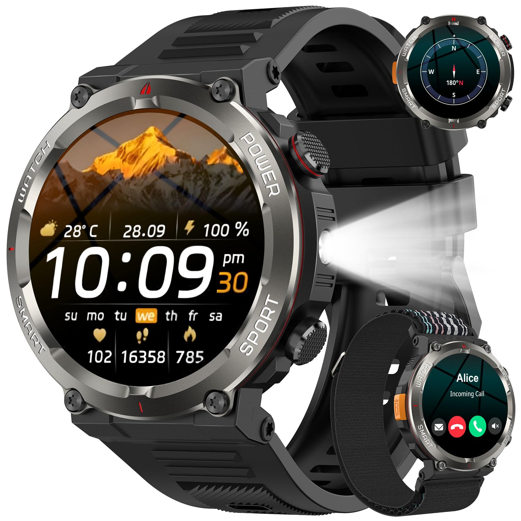 Smartwatch Uomo, Orologio Smartwatch con Torcia/Bussola, Chiamate Bluetooth | 1.45" Militari Smart Watch Tracker 120+ Modalità Sportive,Orologio Intelligente Fitness per Cardiofrequenzimetro,SpO2 ,Sonno