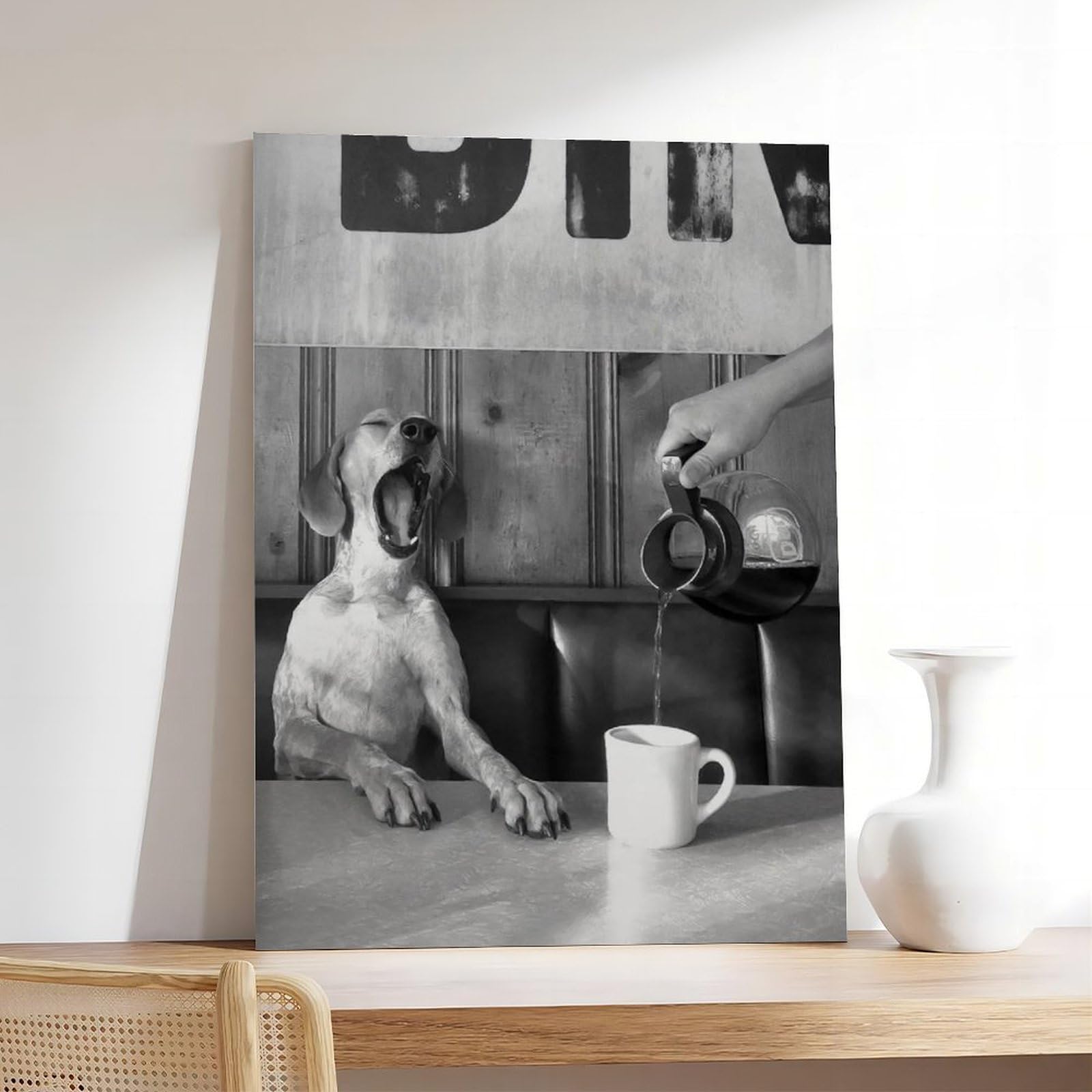Póster de lienzo retro en blanco y negro con diseño de perro bebiendo café, decoración de dormitorio, paisaje, oficina, habitación, regalo, 40 x 60 cm