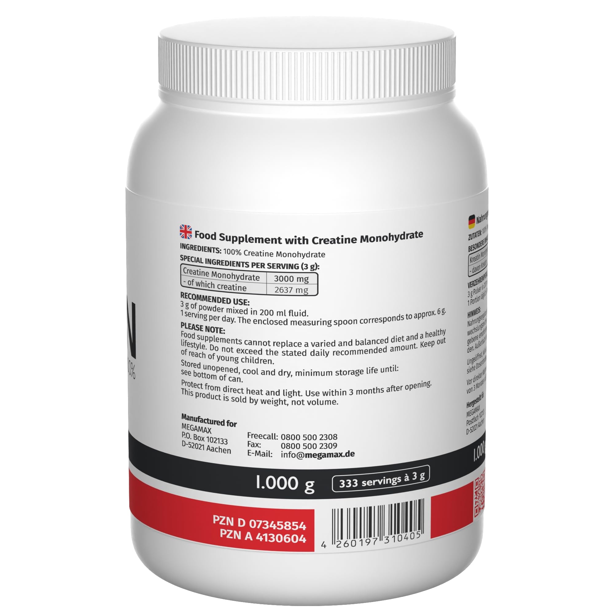 MEGAMAX Kreatin Pulver hochdosiert reines Creatin Monohydrat - ultrafeines kreatin-monohydrat Kreatine 1000 g