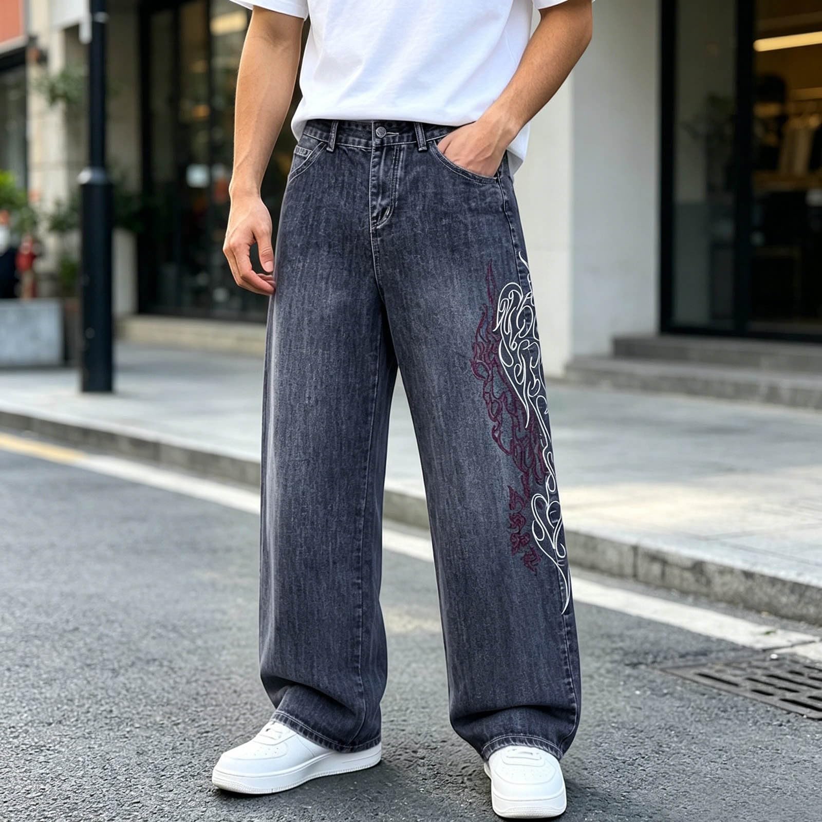 Jeans da uomo stampati, alla moda, hip hop, baggy, con tasche, Y2K, gotici, a gamba larga, vita media, comodi, per il tempo libero, vintage, streetwear, gamba larga