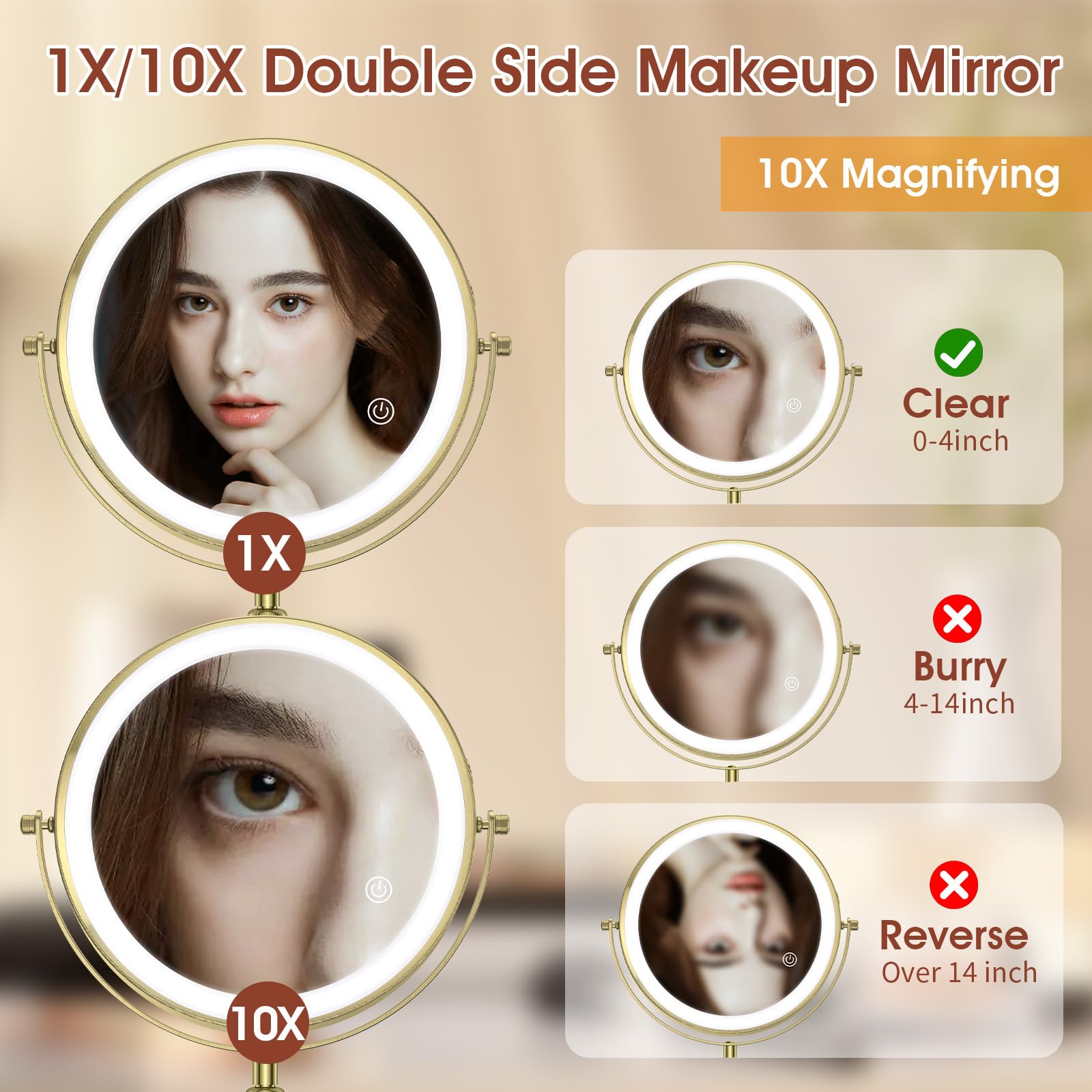 MATEPROX Miroir de Maquillage Rétro Européen avec Lumière Miroir Haute Définition à Hauteur Réglable, 3 Modes d'Éclairage, Grossissement 1x/10x, Rotation à 360 Degrés-Or