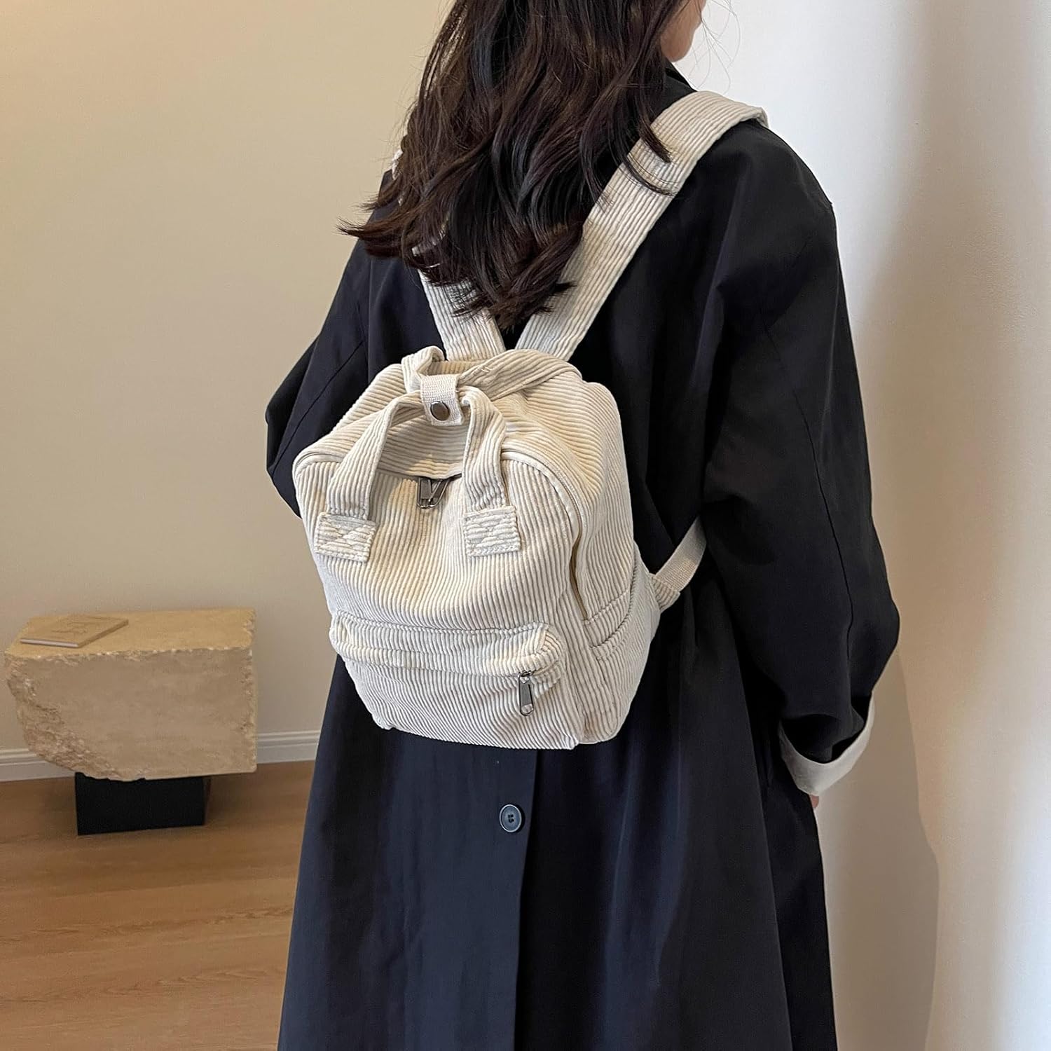 Makukke Small Corduroy Backpack Purse for Women - Vintage Mini Fashion Casual Aesthetic Backpack, Beige - Image 2