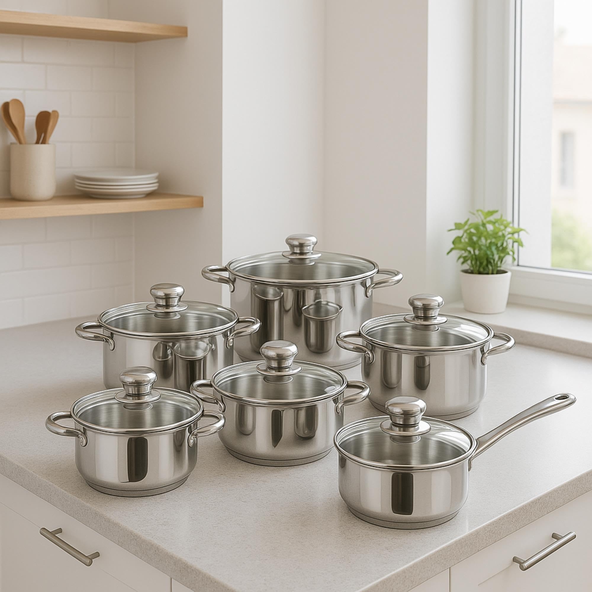 Well Home Set de Batería de Cocina de 12 Piezas y Sartenes en Acero inoxidable Ø20 Ø24 y Ø28 x5cm, Aptas para inducción y SIN antiadherente