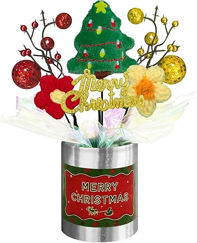 Mini decoración de mesa navideña, árbol de Navidad hecho a mano y flores de ganchillo con base plateada, 8 pulgadas, pequeña decoración festiva para