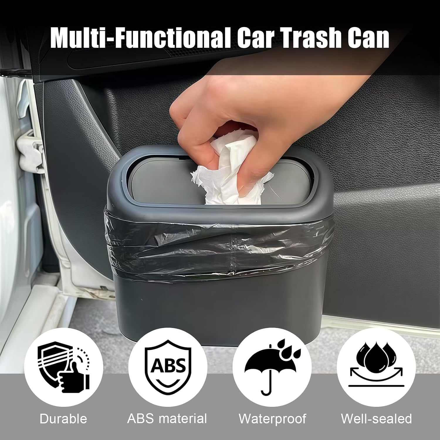 Car Small Trash Can with Lid, Leakproof Mini Car Garbage Can, Waterproof Push Button Easy Empty, Suitable for Desktop Office Bedroom Dorm Home Vehicle with 75 PCS Plastic Trash Bag (Black)
