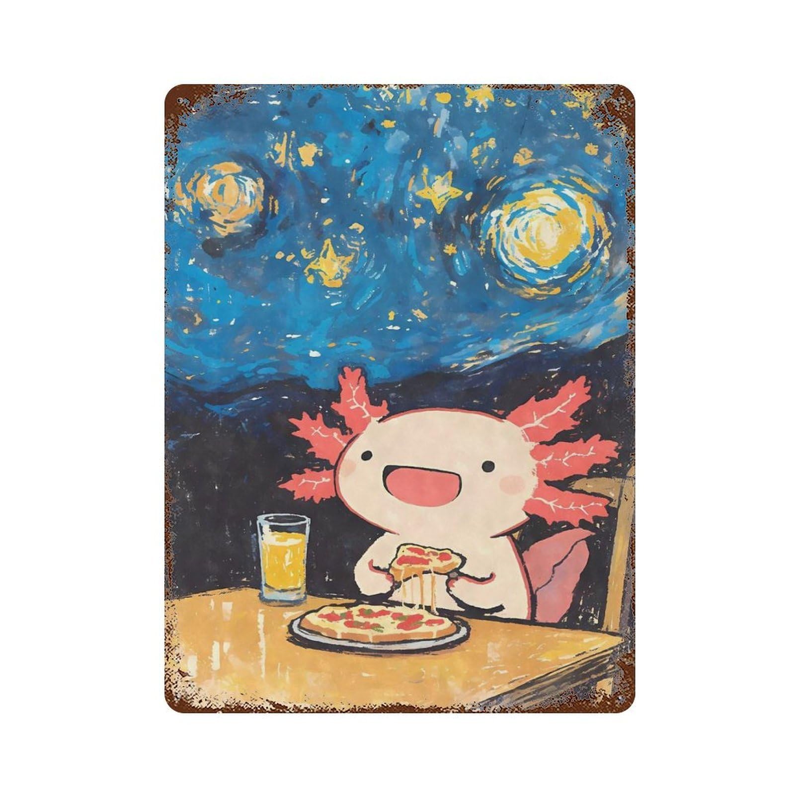Kawaii Axoloti Eating Pizza Rusty Metal Tin Sign 15.7"x11.8", for Shed, Workshop And Garage Wall Decor, Shabby Chic Decor