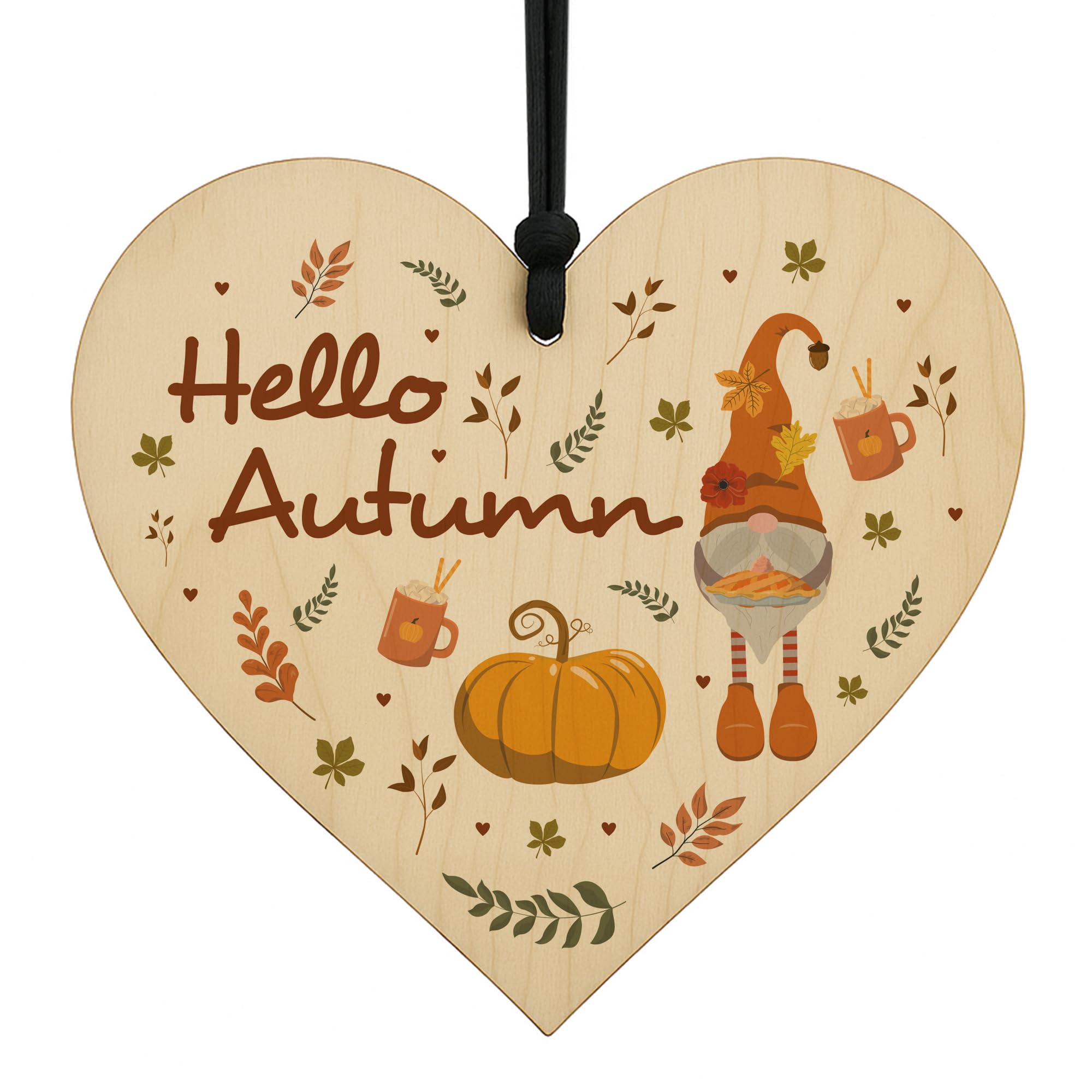 Red Ocean Hello Autumn Decorations Wooden Heart Hanging Plaque Autumn Leaves, Pumpkin, Autumnal Sign Accessories for Thanksgiving