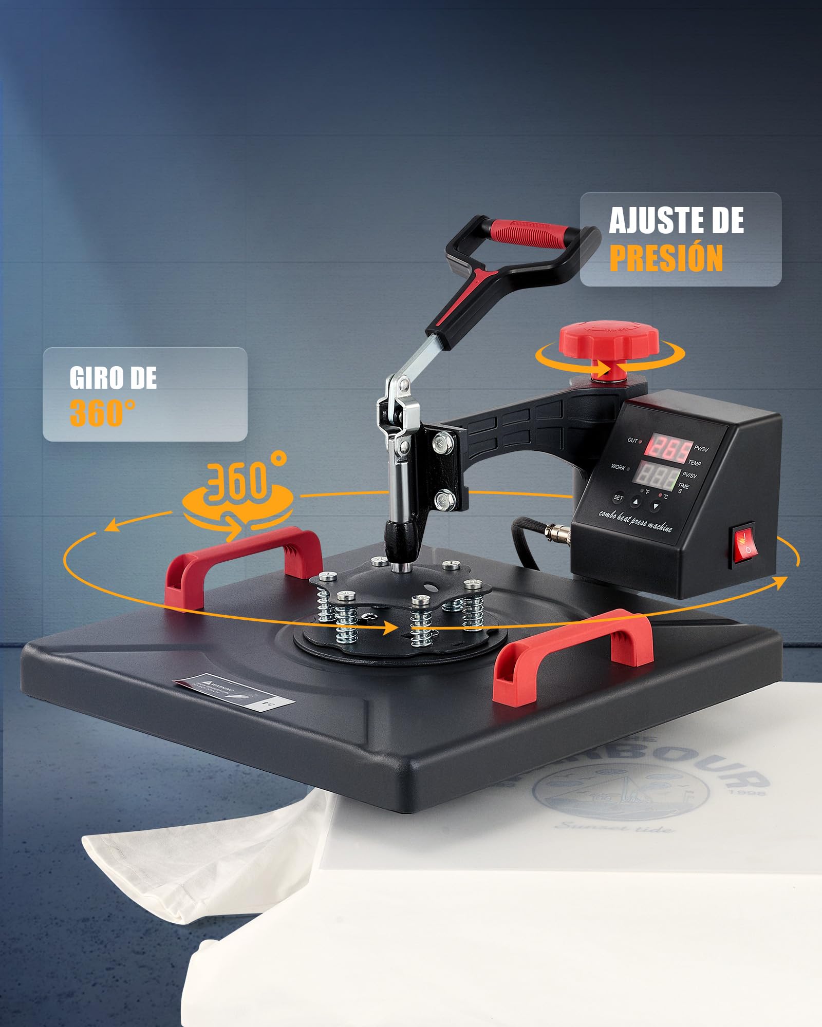 CREWORKS Prensa de Calor 38x38 cm, Maquina de Sublimacion 8 en 1 con Panel de Control Digital, Prensa de Calor Multifuncional con Giro de 360° para Camisetas, Tazas, Gorras, Platos y Más