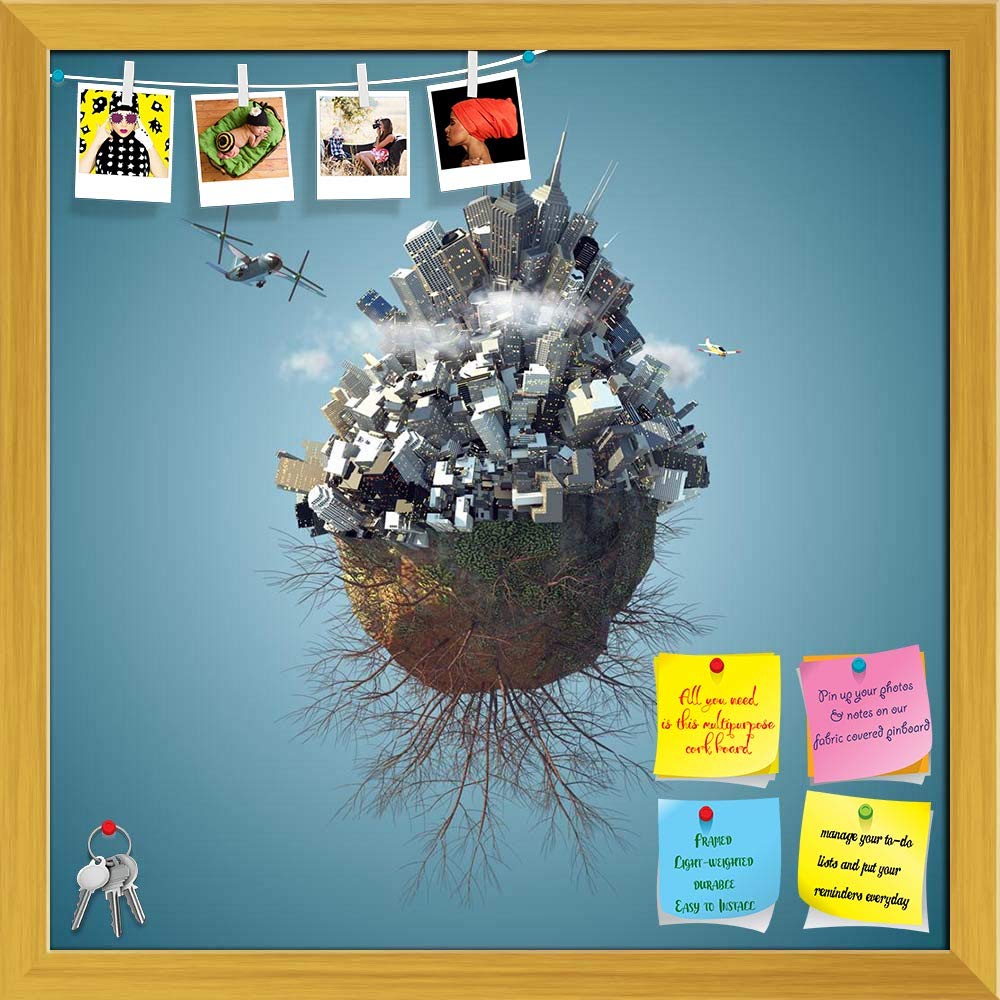 ArtzFolio World is Not Enough | Bulletin Board Notice Pin Board | Vision Soft Board Combo with Thumb Push Pins & Sticky Notes | Golden Frame | 12 x 12 inch (30 x 30 cms)