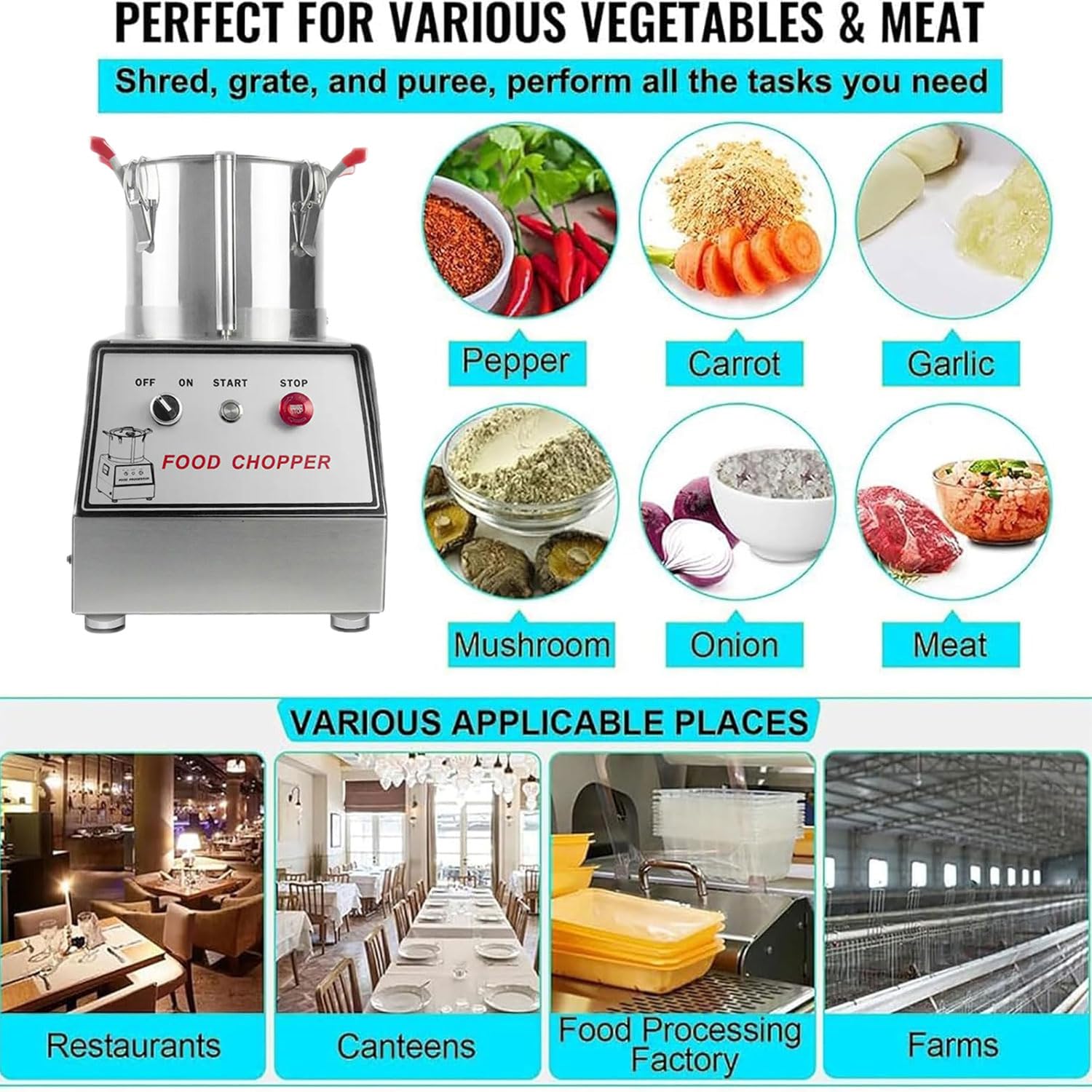 Cortador De Alimentos Comercial, Trituradora De Verduras De Acero Inoxidable De 10 L, Picadora De Carne Eléctrica Desmontable De 1100 W con Puerto De Alimentación Grande, Picadora De Verduras