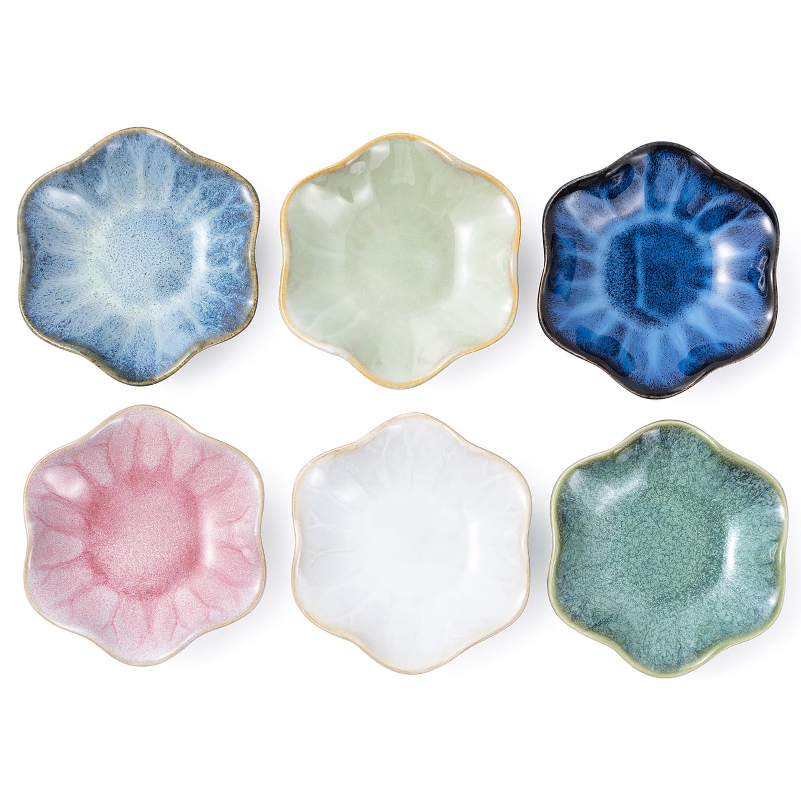 Yebaohond Japanese Style Ceramic Sauce Dishes Set of 6, 10.5cm Kiln Glaze Flower Shaped Small Bowls, Under-Glaze Color Soy Sauce Bowls for Sushi, Appetizer, Condiments