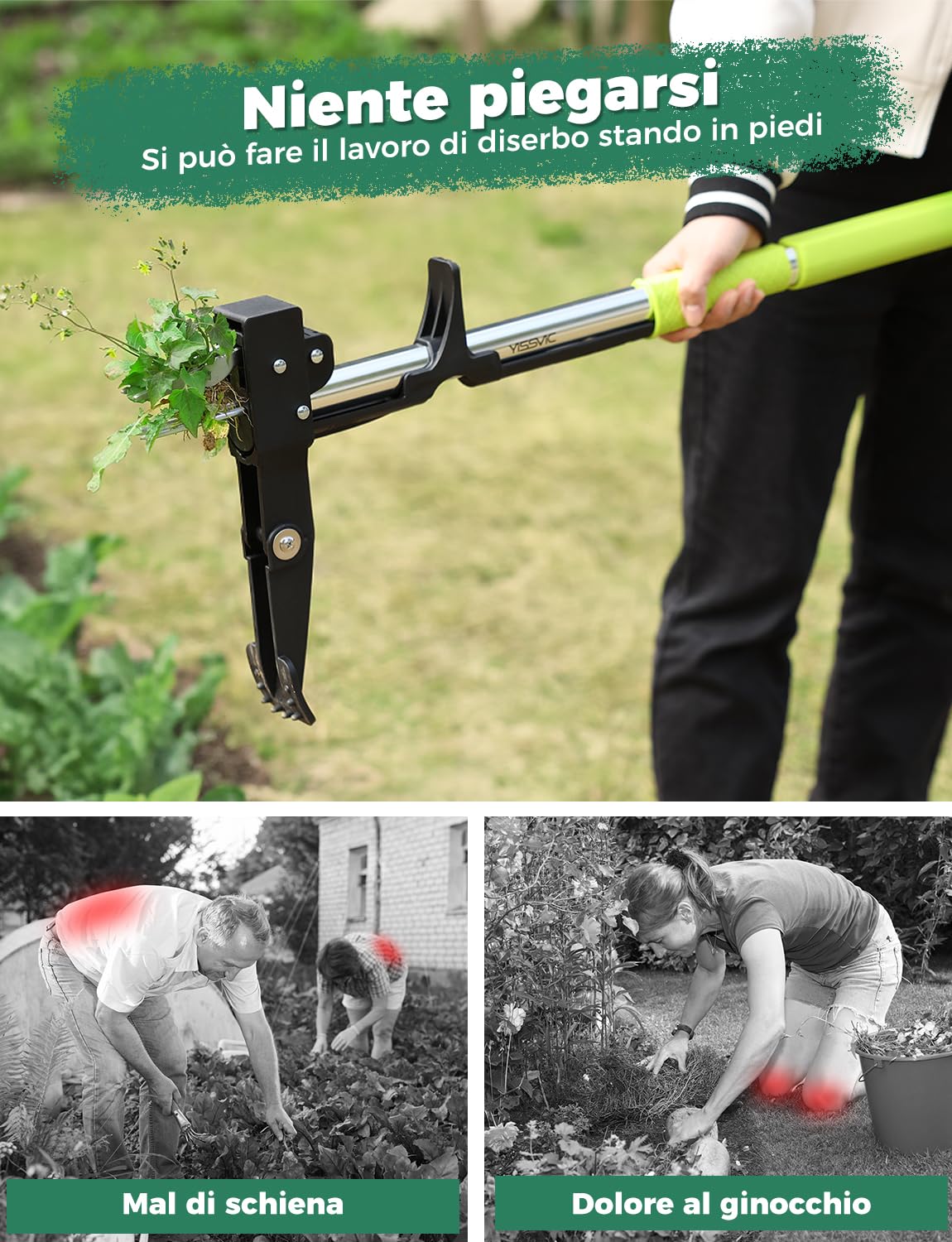 YISSVIC Estirpatore Erbacce Manuale a 4 Artigli in Acciaio Inossidabile con Pedale, Estrattore Radici Telescópico, 110-120 cm, Impugnatura Antiscivolo Regolabile a D, per Giardino
