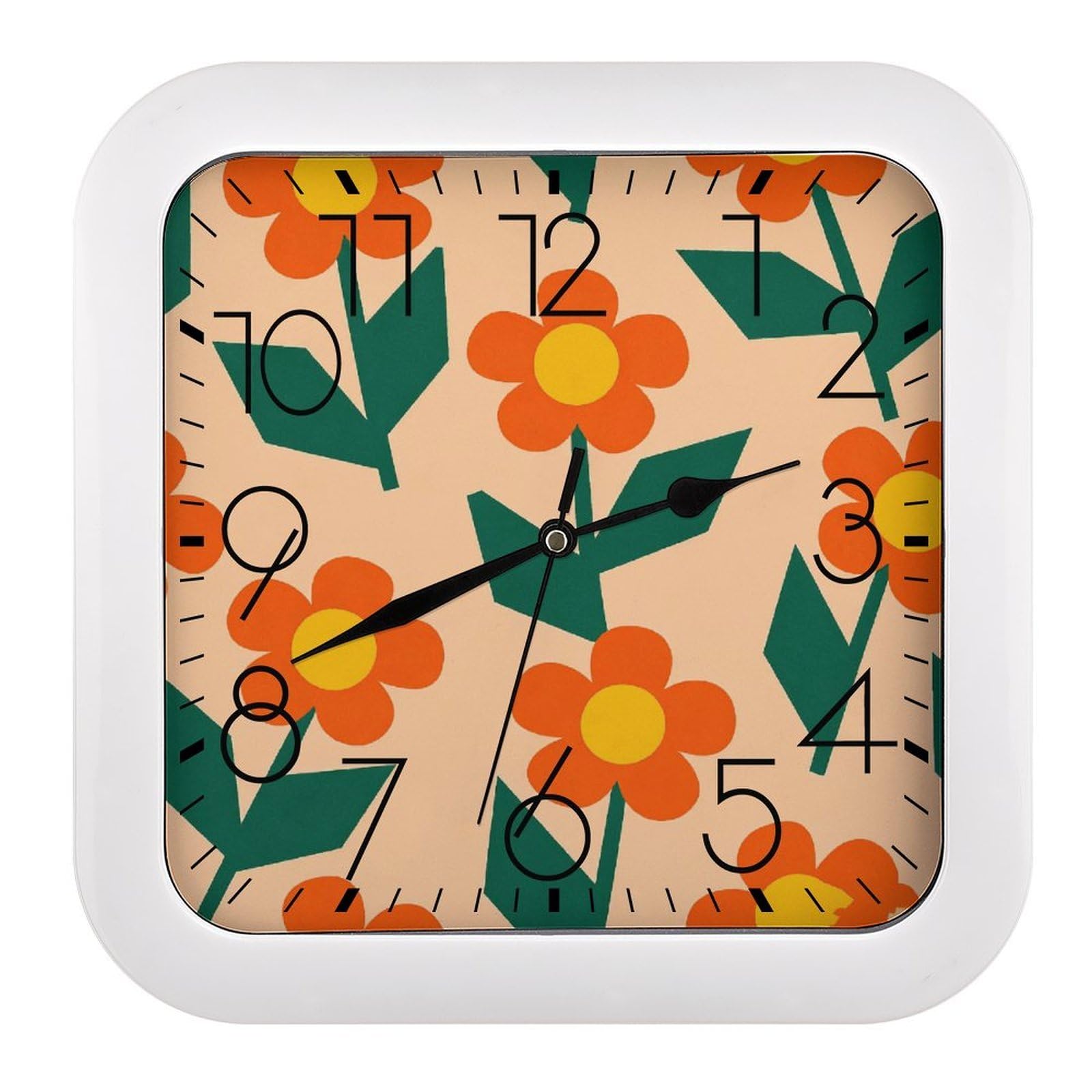 Horloge murale carrée orange à motifs floraux 25 cm à piles