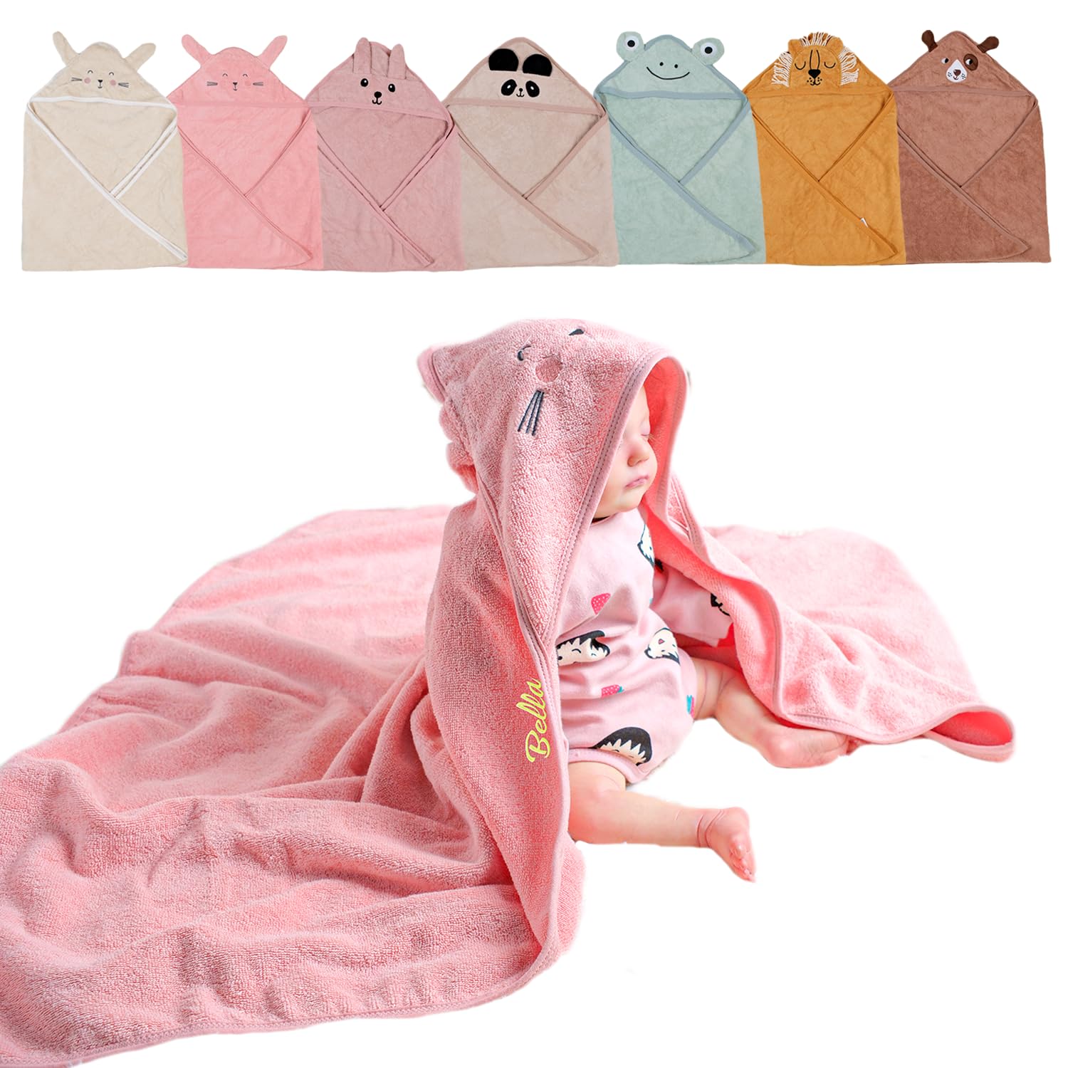 Serviette bébé brodée à capuche en coton hydrophile rose