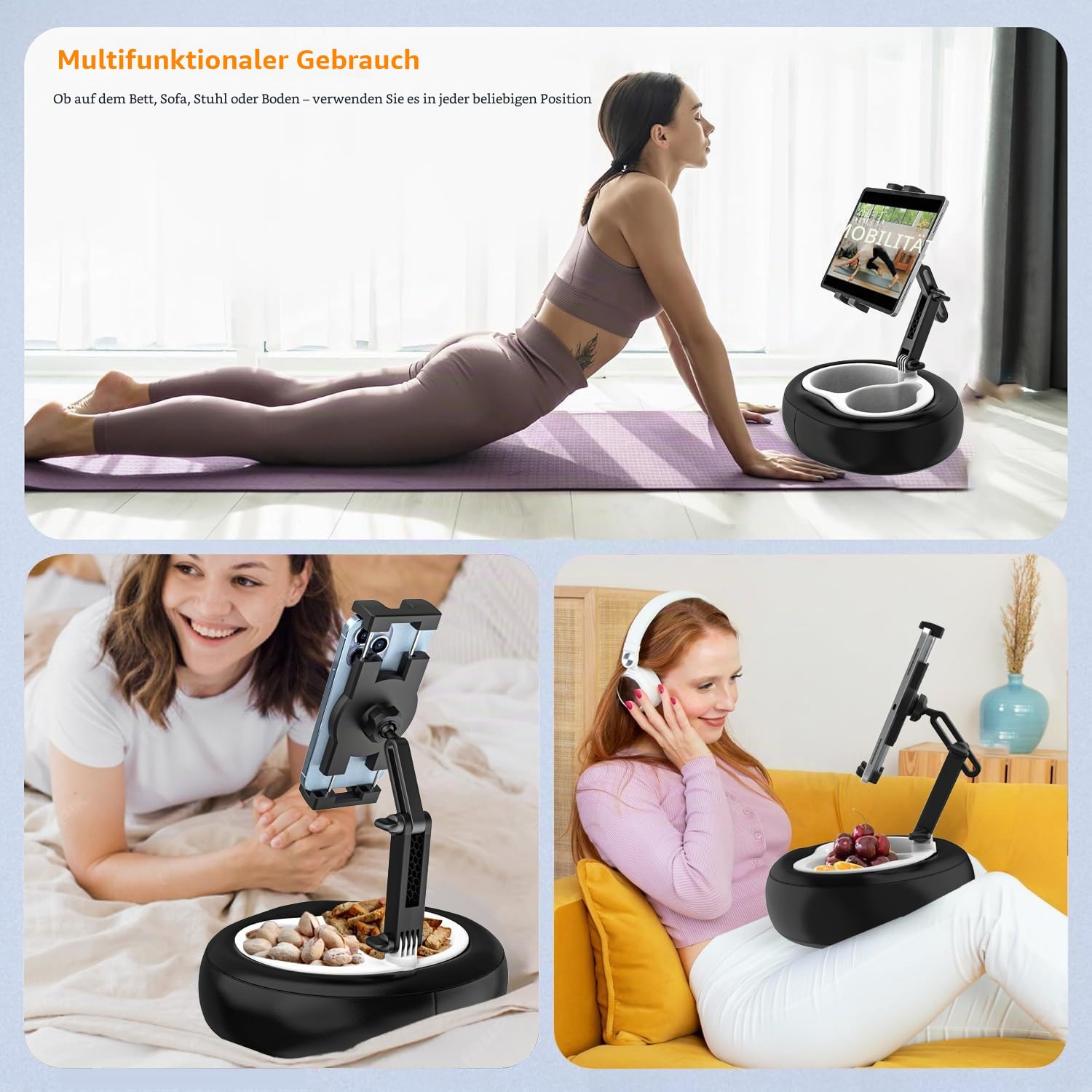Tablet Halterung Kissen, Tablet Kissenhalter für Bett, Sofa, Schoß mit Verstellbarer Arm, für iPad Pro Air Mini, Kindle, Galaxy Tab, Handy, 4-13" (Weiches Leder, Schwarz)