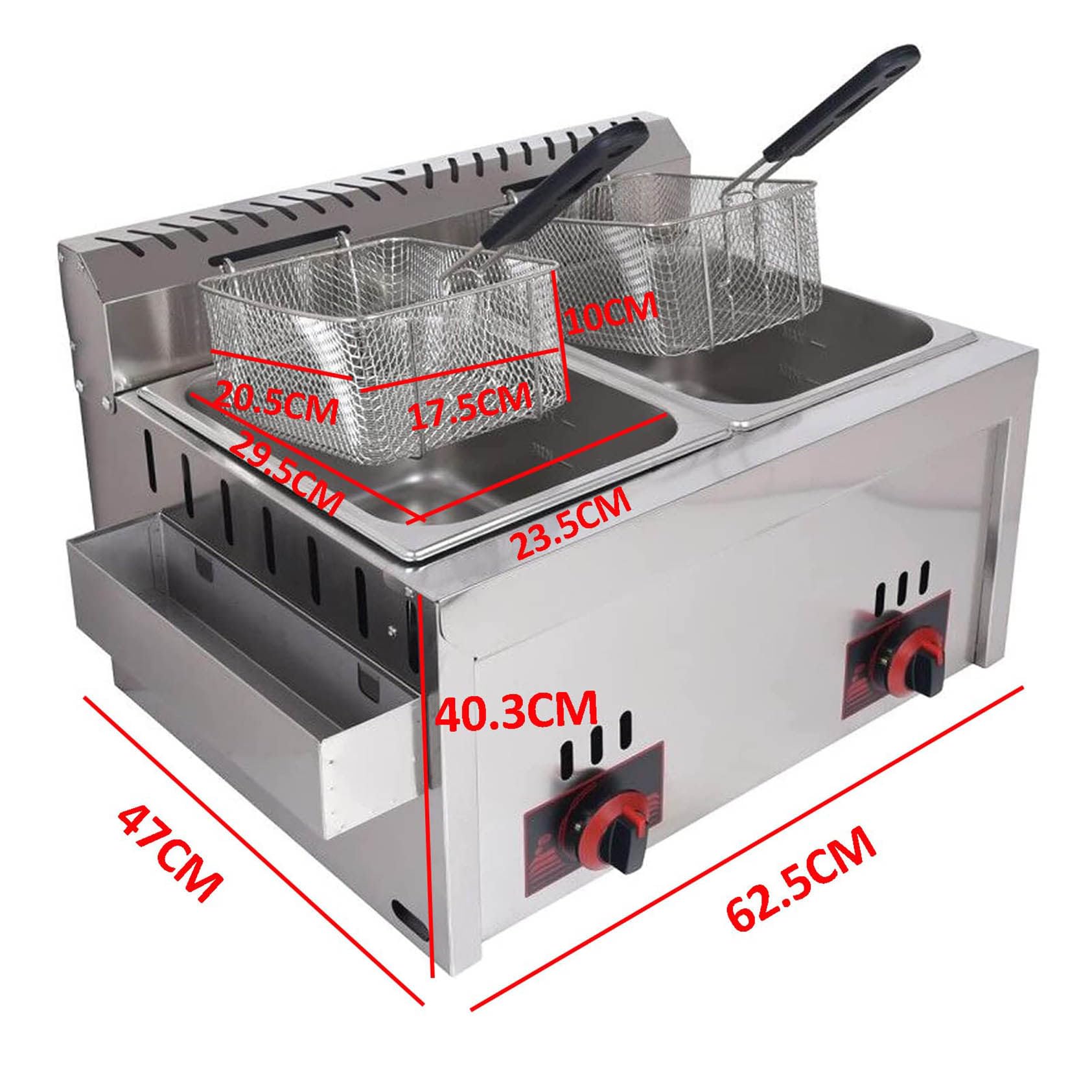 Freidora Comercial Freidora a Gas 10lx2 Cesta Doble Encimera De Tanque Doble Papas Fritas De Acero Inoxidable Resistente para Restaurante Familiar Papas Fritas Comerciales