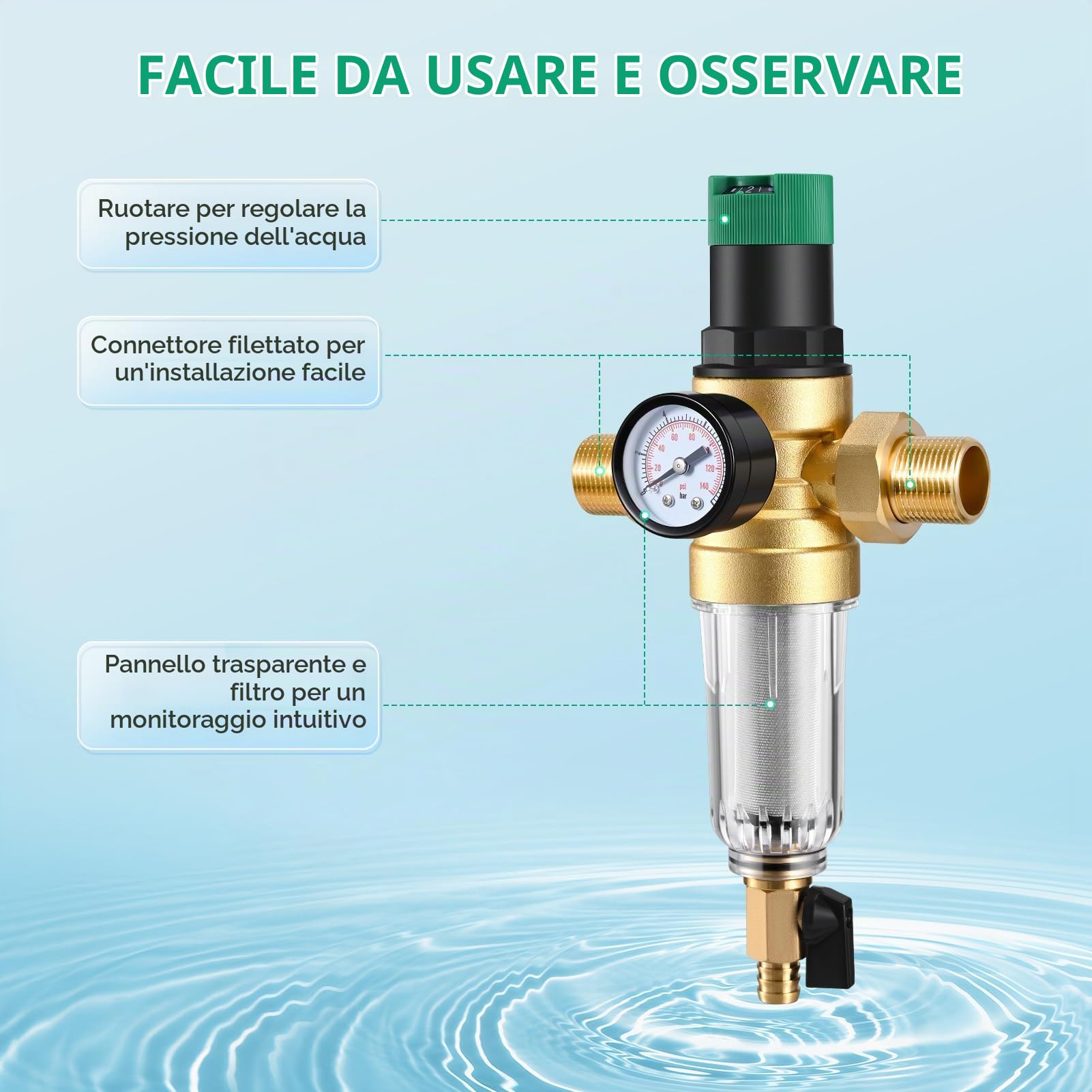 Riduttore di Pressione Acqua 3/4, con Manometro Pressione Acqua, Regolatore di Pressione in Ottone, per La Regolazione della Pressione dell'Acqua