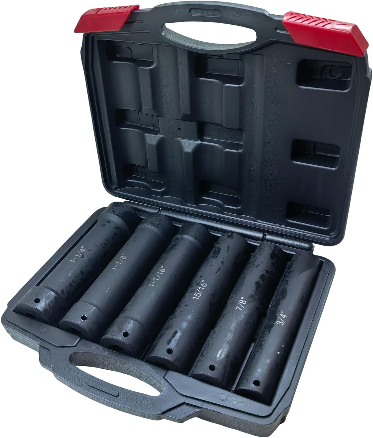 1/2 Inch Drive Extra Deep Impact Socket Set, 6.7" Long，6-Piece，Includes Sizes 3/4", 7/8", 15/16", 1-1/16", 1-1/8", 1-1/4", with Storage Case， for Long Threaded Rods，Bolts or Studs