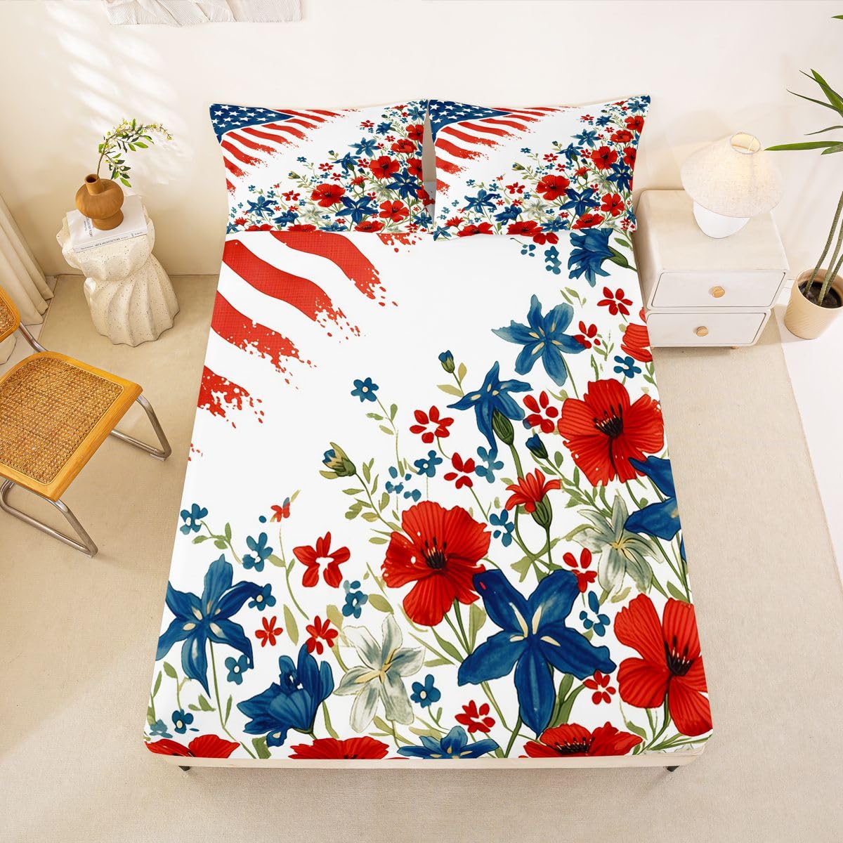 Manfei Juego de sábanas bajeras de 3 piezas con diseño de bandera estadounidense, diseño de flores de acuarela, estilo patriótico y rústico con 2 fundas de almohada, decoración de habitación infantil