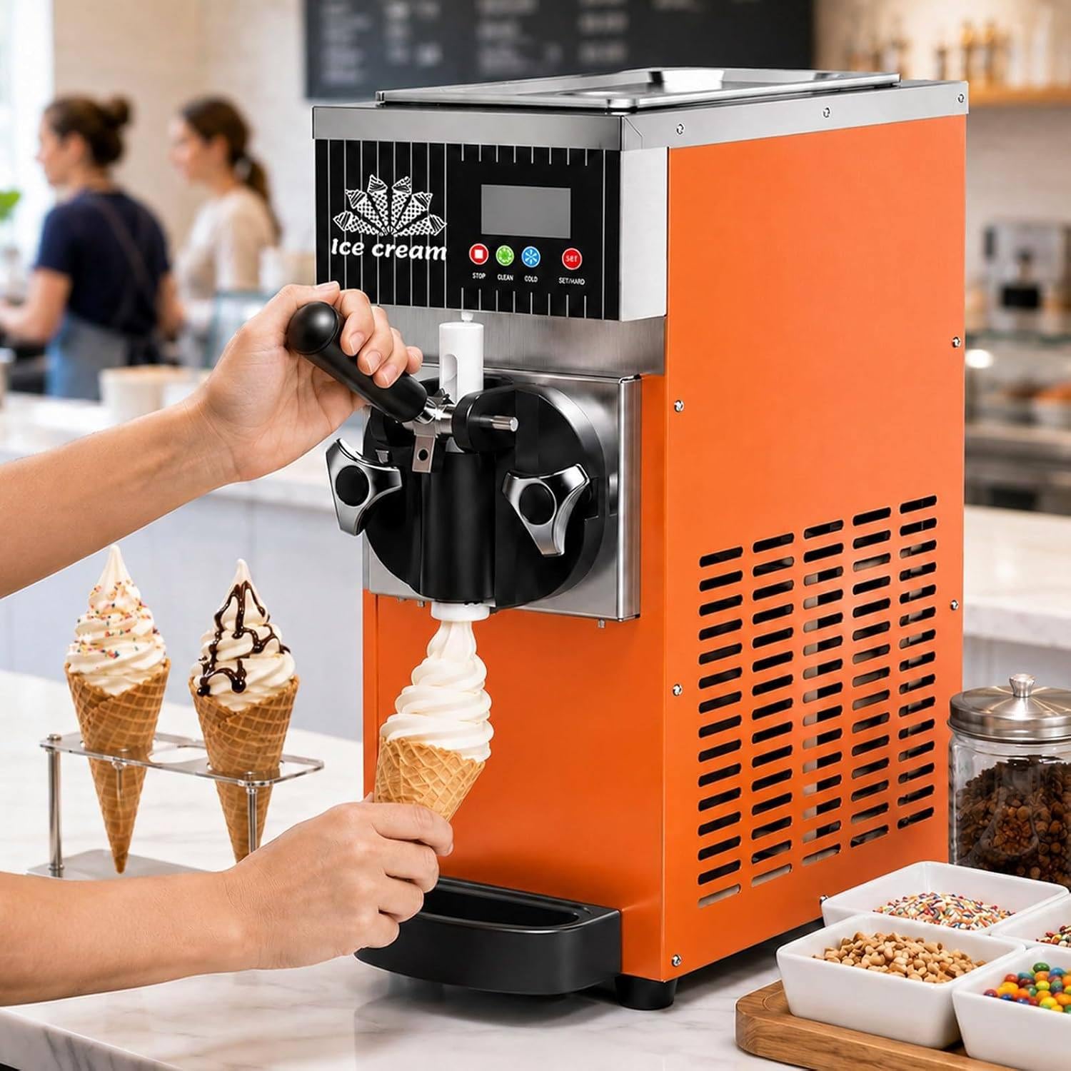 XUXIAO Soft Serve Ice Cream Machine, Countertop Single Flavor Maker, Lcd Panel,Pre-Cooling&Auto Clean, Countertop Dessert Maker, For Home&Commerce Orange
