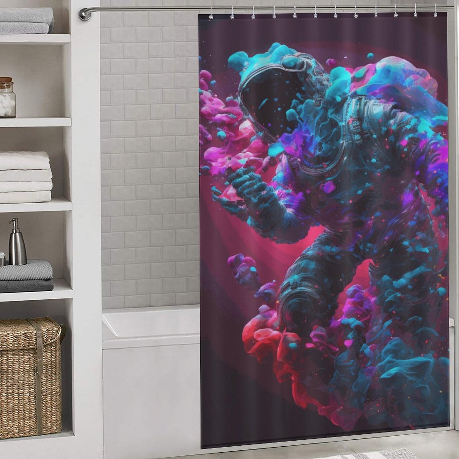 Rideau de douche astronaute imperméable et lavable avec 12 anneaux pour salle de bain
